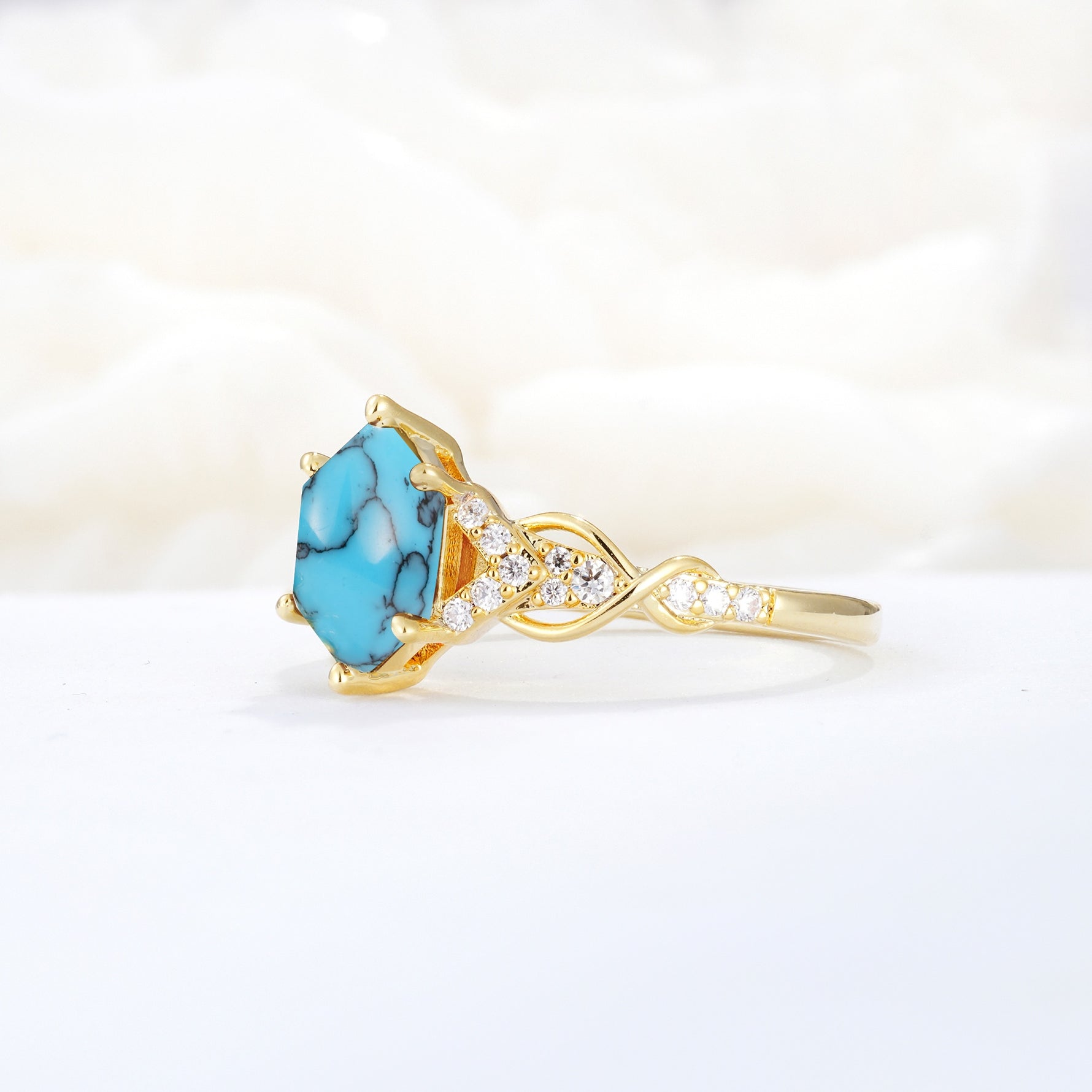 Exquisite Hexagonal Cut Twisted Band Turquoise Engagement Ring - Additional view