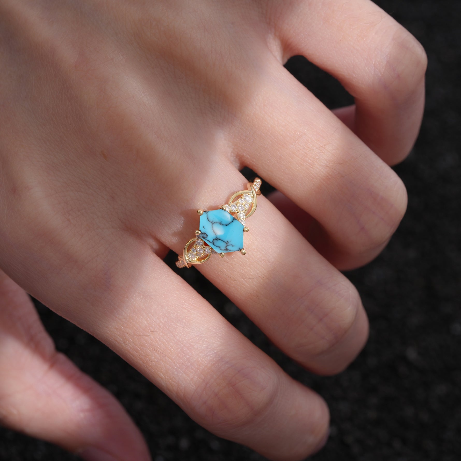 Exquisite Hexagonal Cut Twisted Band Turquoise Engagement Ring - Additional view