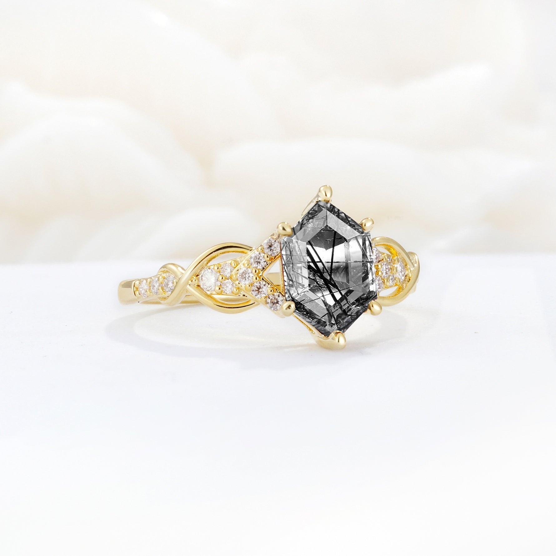 Exquisite Hexagonal Cut Twisted Band Black Rutilated Quartz Engagement Ring - Additional view