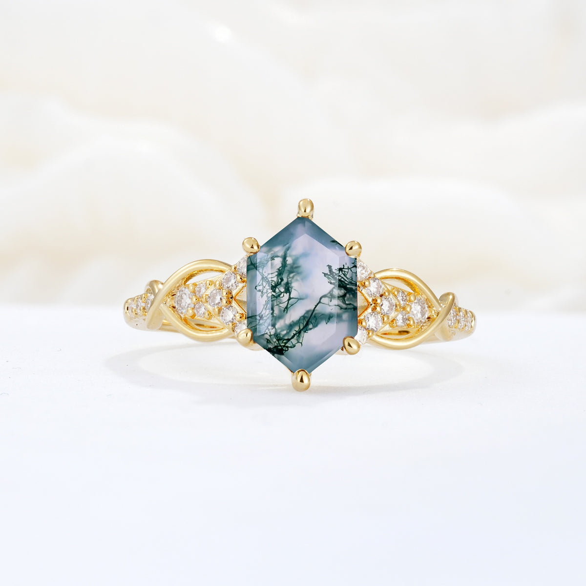 Exquisite Hexagonal Cut Twisted Band Moss Agate Engagement Ring - Additional view