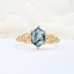 Exquisite Hexagonal Cut Twisted Band Moss Agate Engagement Ring - Additional view