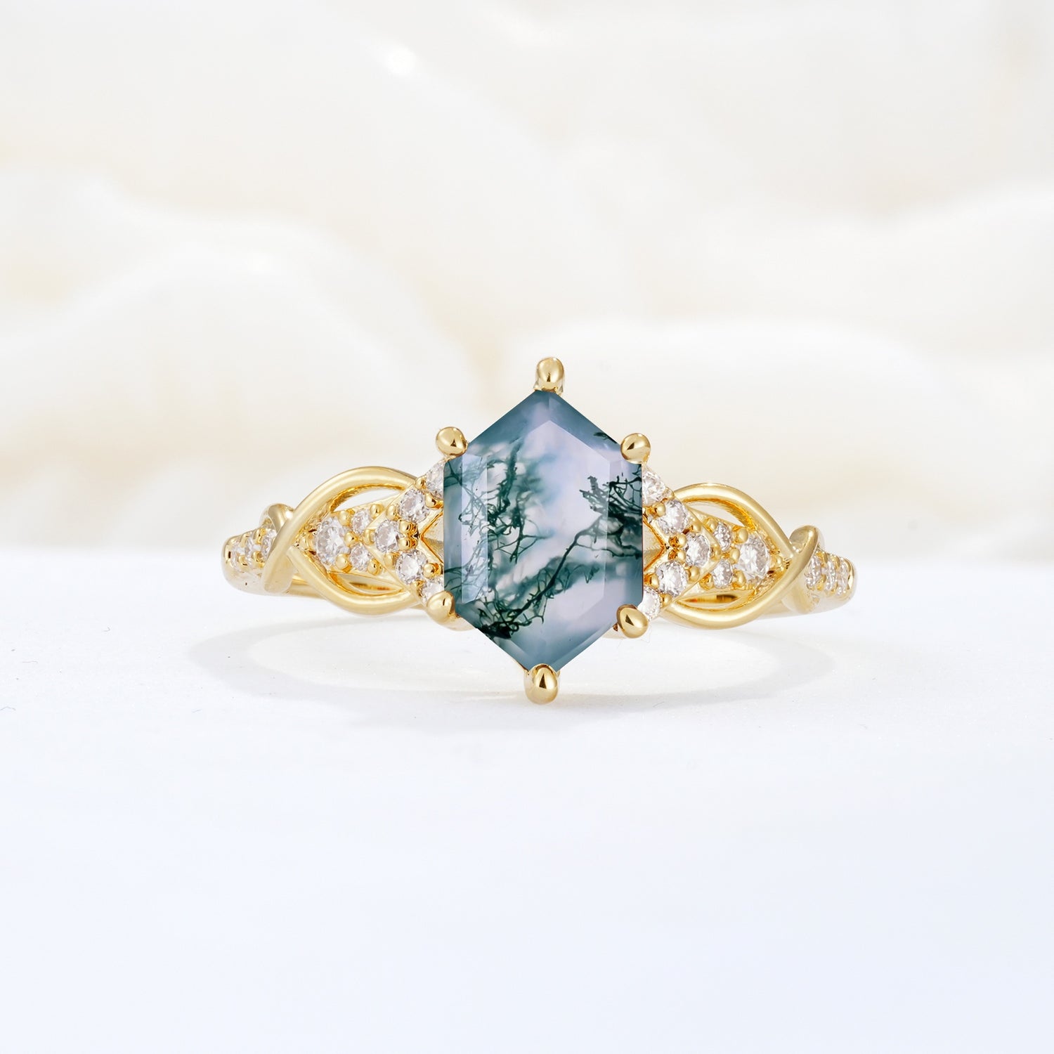 Exquisite Hexagonal Cut Twisted Band Moss Agate Engagement Ring - Additional view