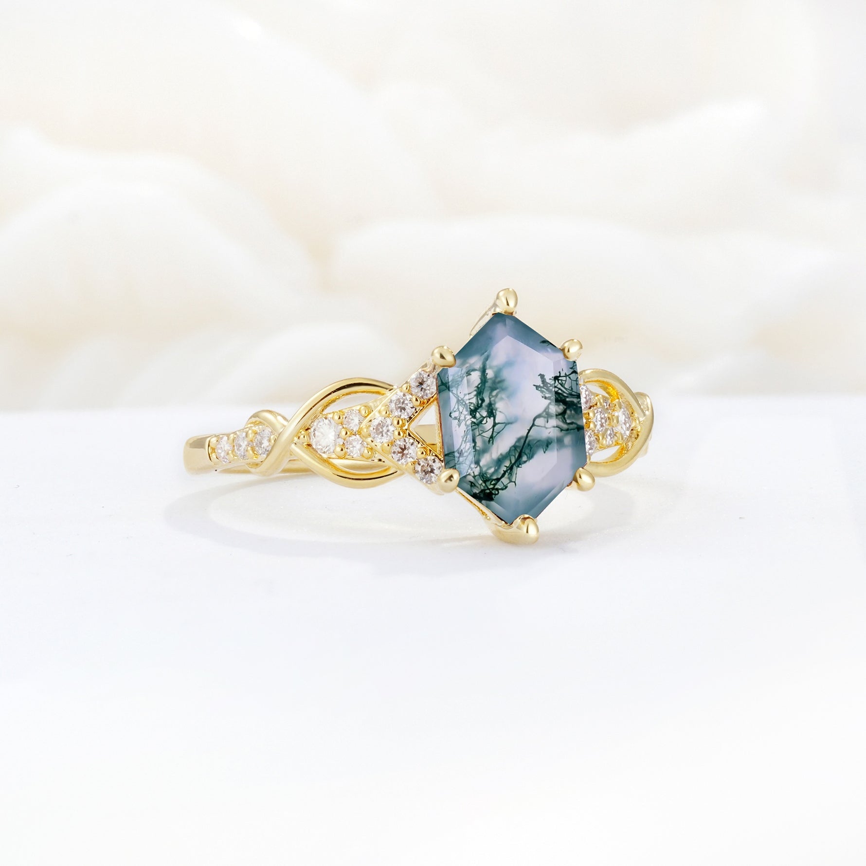 Exquisite Hexagonal Cut Twisted Band Moss Agate Engagement Ring - Additional view