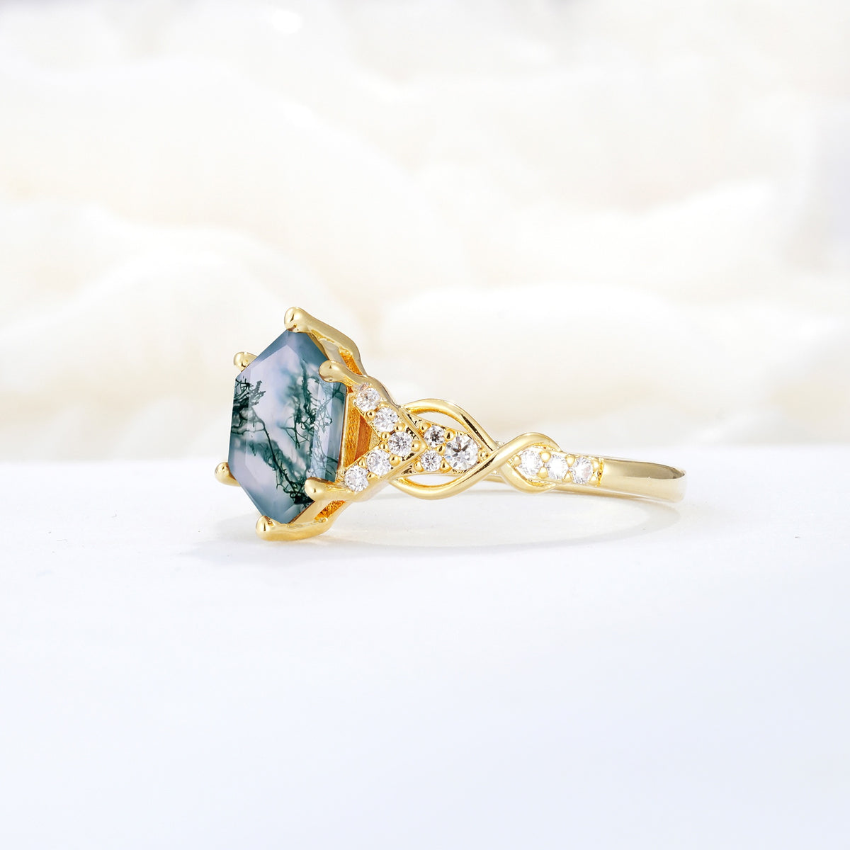 Exquisite Hexagonal Cut Twisted Band Moss Agate Engagement Ring - Additional view