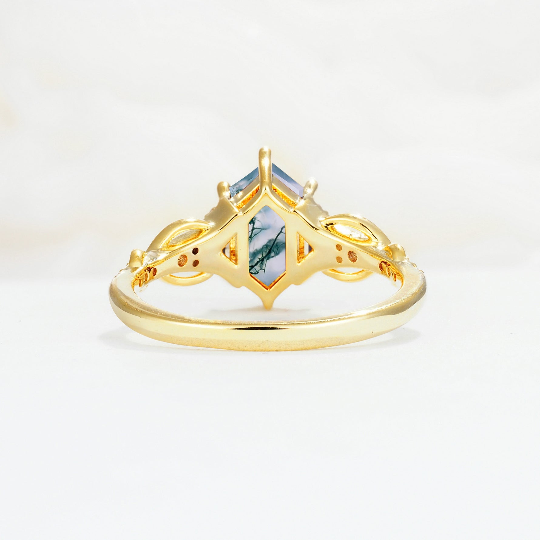 Exquisite Hexagonal Cut Twisted Band Moss Agate Engagement Ring - Additional view