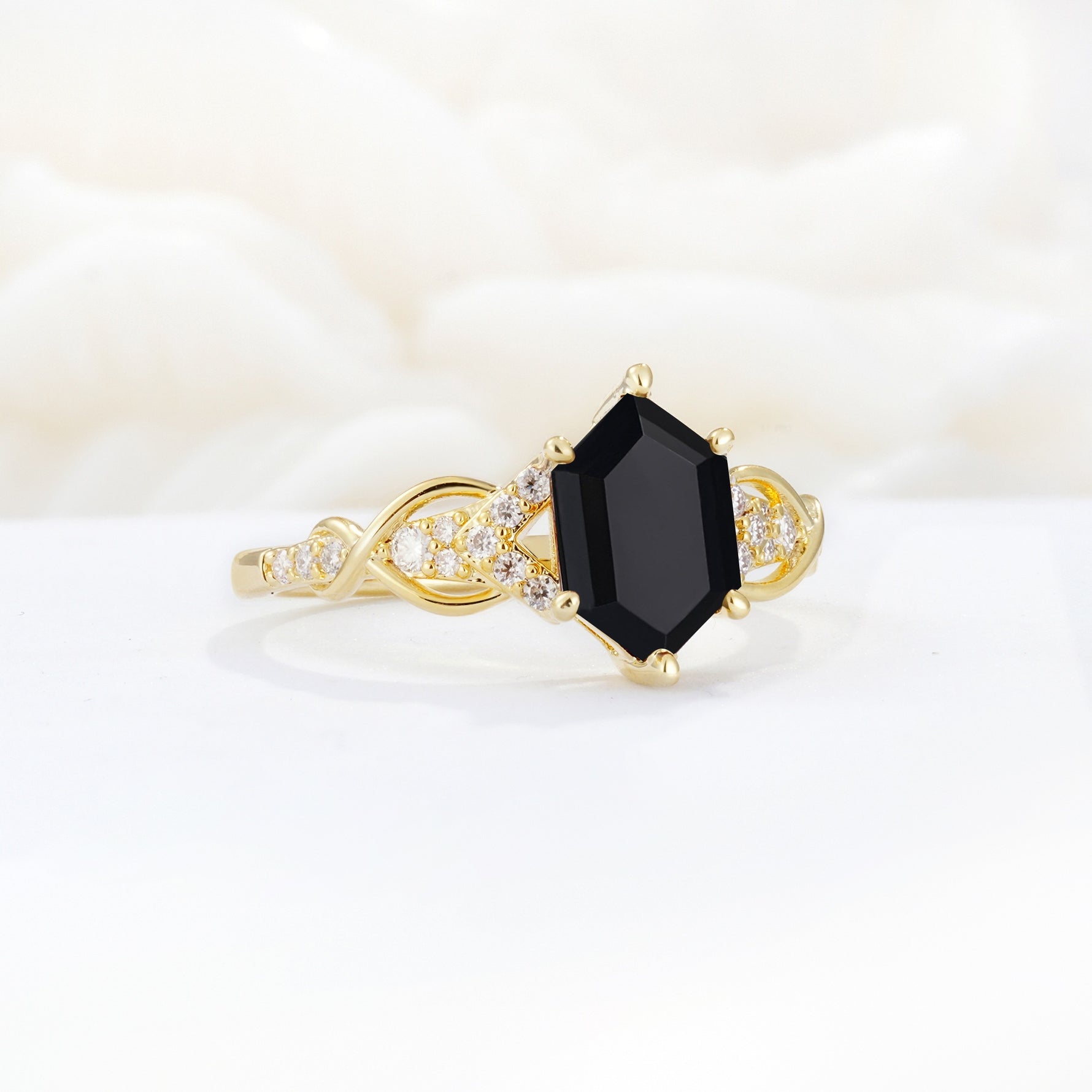 Exquisite Hexagonal Cut Twisted Band Black Onyx Engagement Ring - Additional view