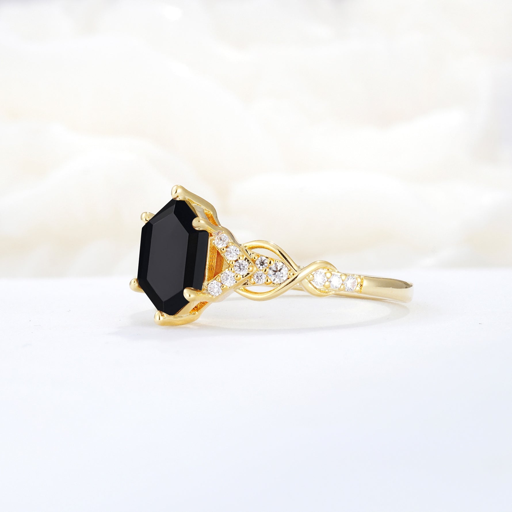 Exquisite Hexagonal Cut Twisted Band Black Onyx Engagement Ring - Additional view