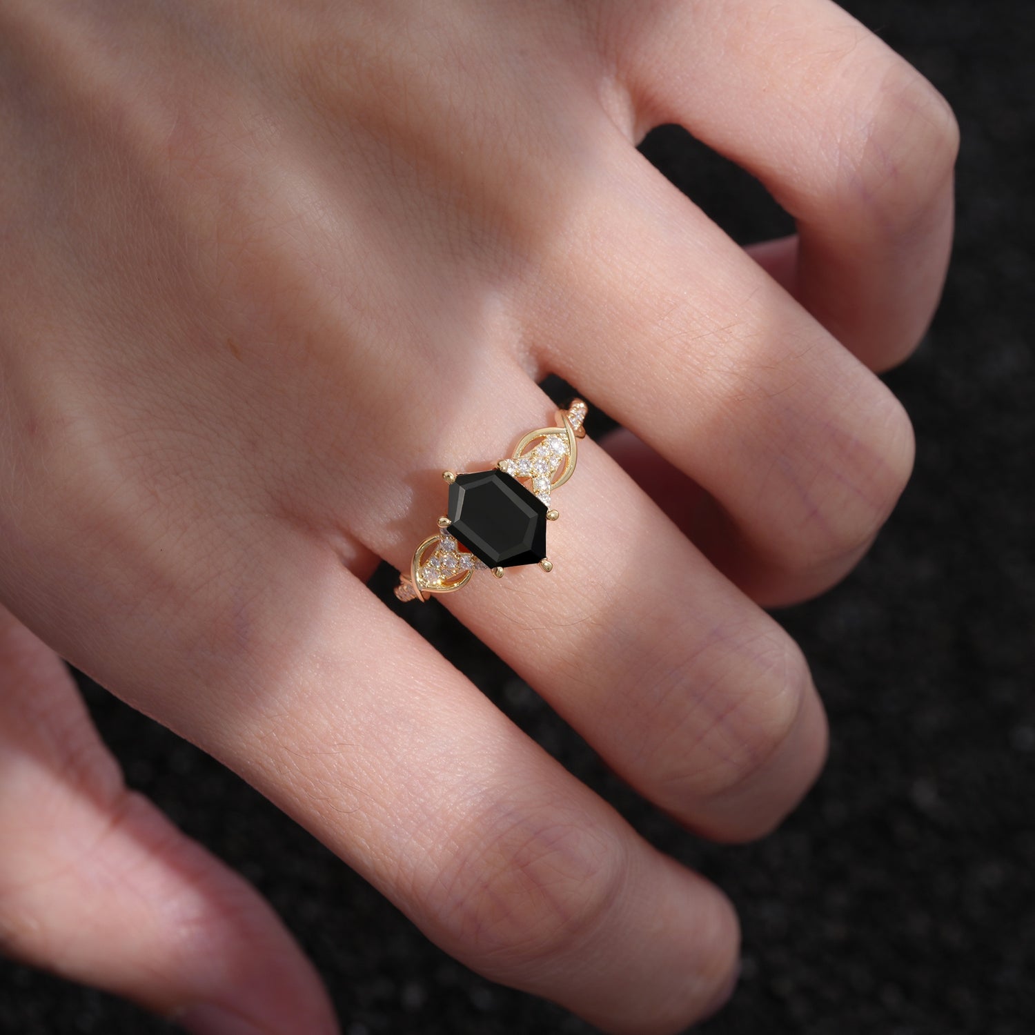 Exquisite Hexagonal Cut Twisted Band Black Onyx Engagement Ring - Additional view