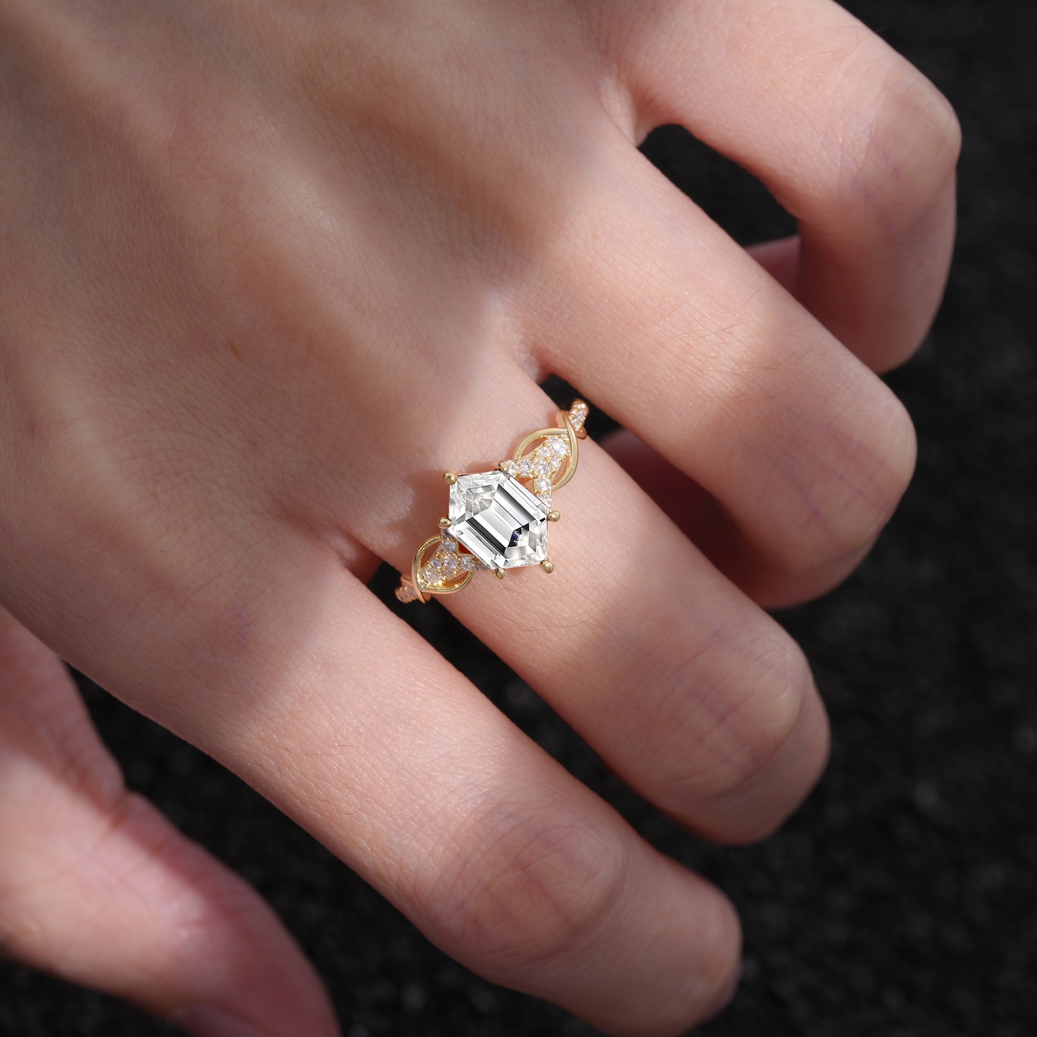 Unique Textured Wave Hexagonal Cut Moissanite Engagement Ring