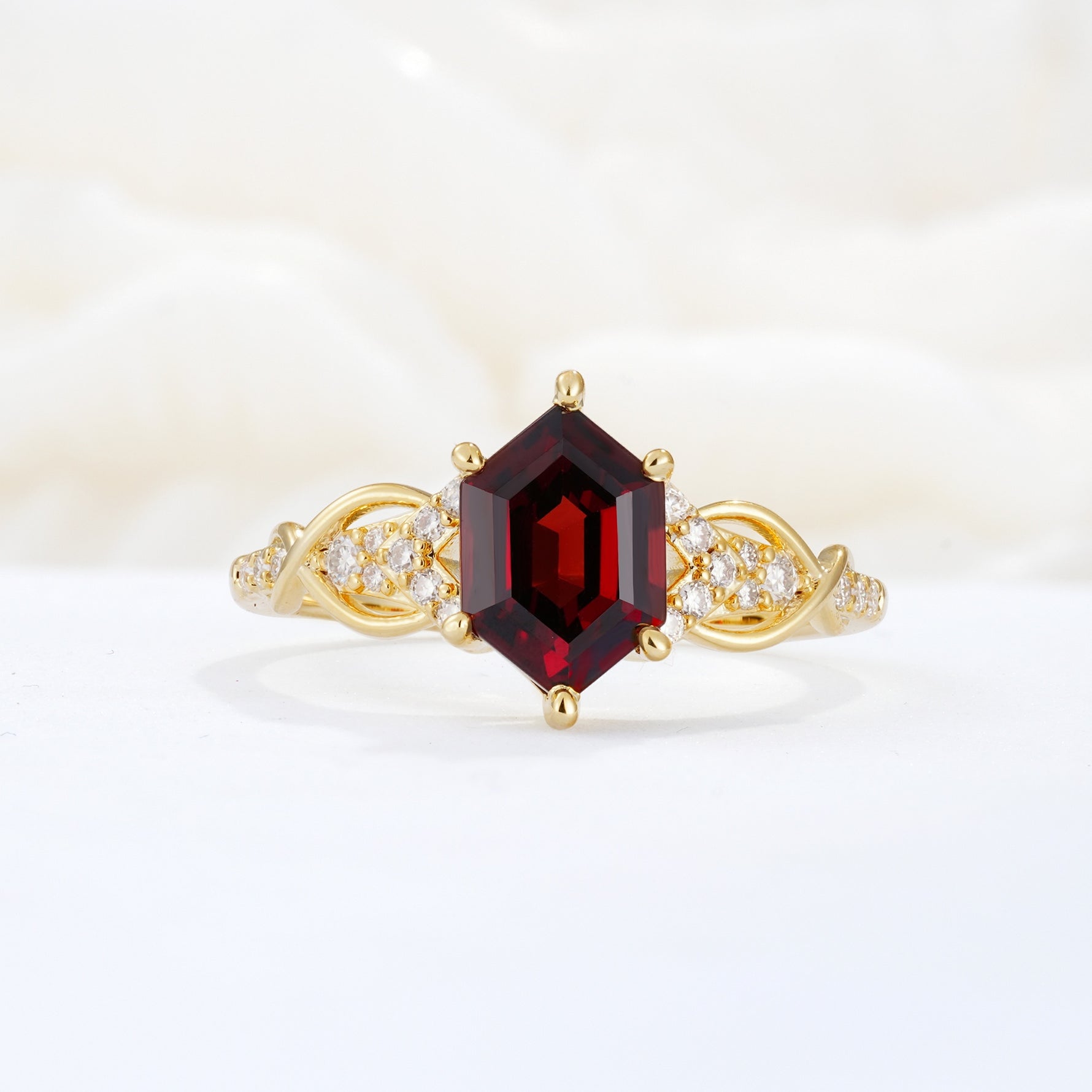 Exquisite Hexagonal Cut Twisted Band Garnet Engagement Ring - Additional view