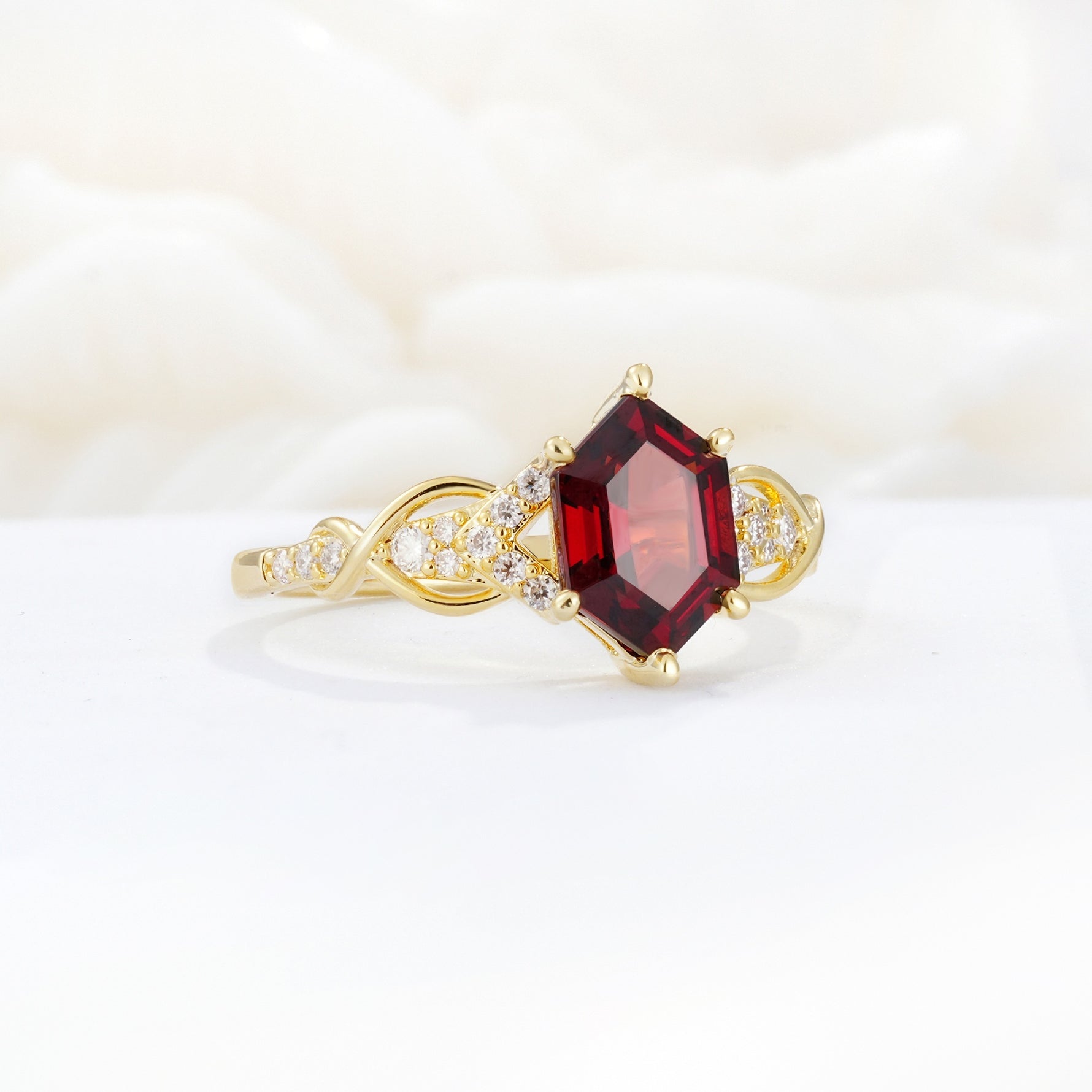 Exquisite Hexagonal Cut Twisted Band Garnet Engagement Ring - Additional view