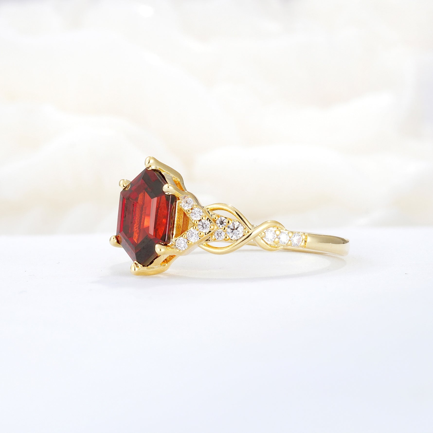 Exquisite Hexagonal Cut Twisted Band Garnet Engagement Ring - Additional view
