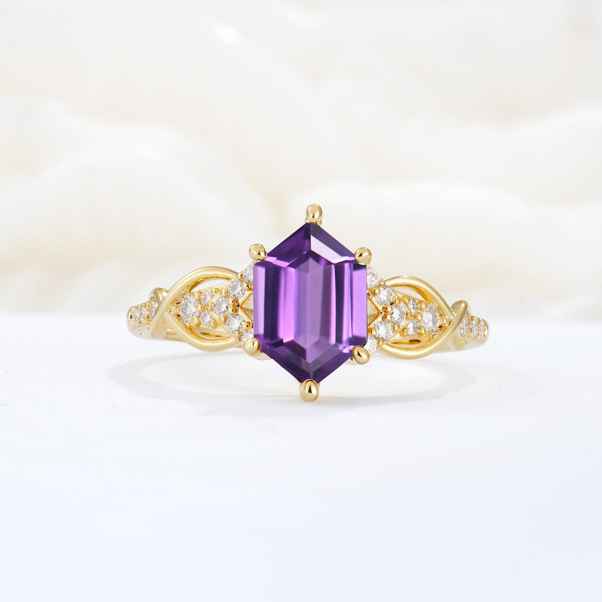 Exquisite Hexagonal Cut Twisted Band Amethyst Engagement Ring - Additional view