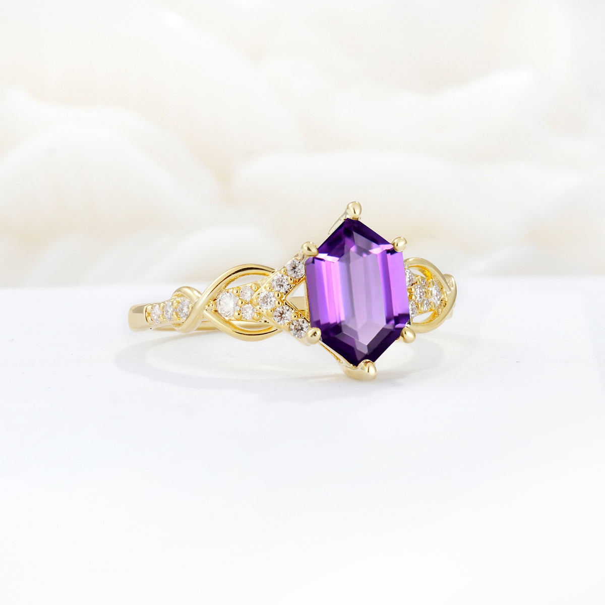 Exquisite Hexagonal Cut Twisted Band Amethyst Engagement Ring - Additional view