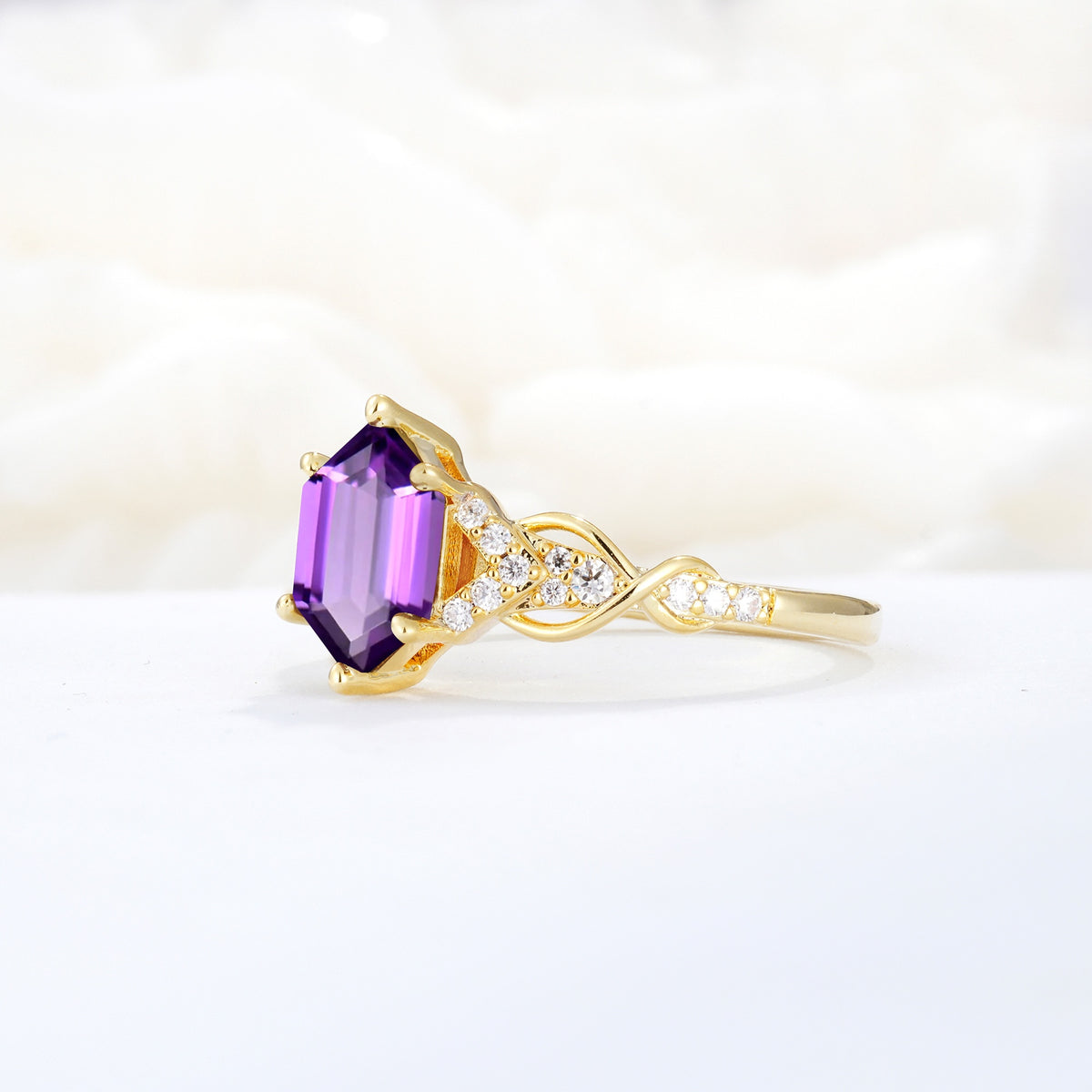 Exquisite Hexagonal Cut Twisted Band Amethyst Engagement Ring - Additional view