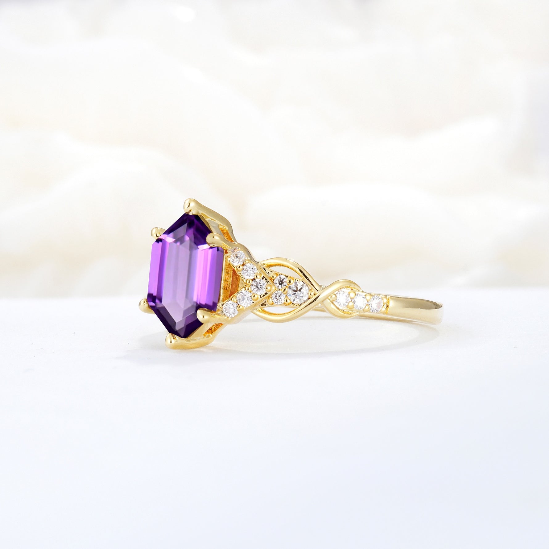 Exquisite Hexagonal Cut Twisted Band Amethyst Engagement Ring - Additional view