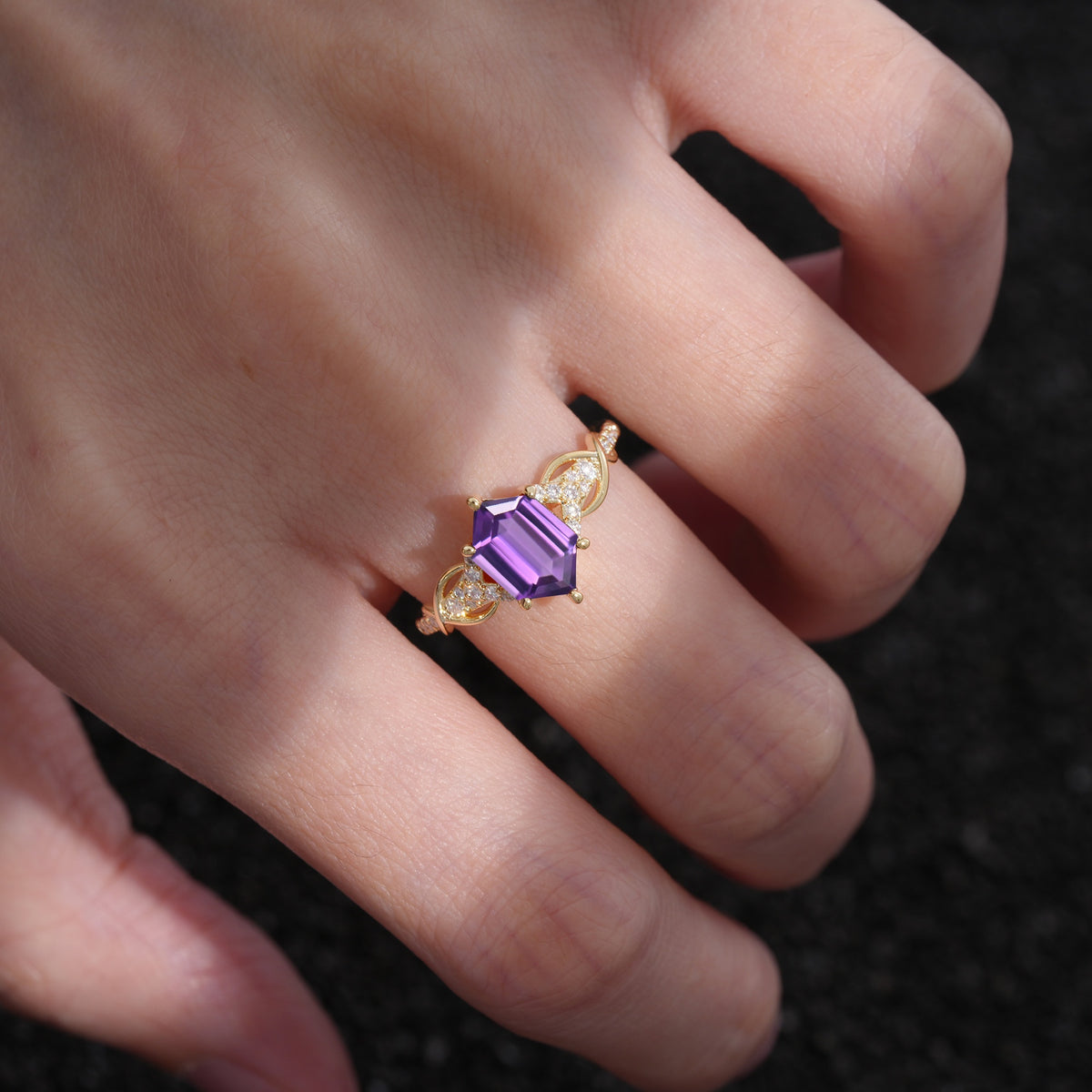 Exquisite Hexagonal Cut Twisted Band Amethyst Engagement Ring - Additional view