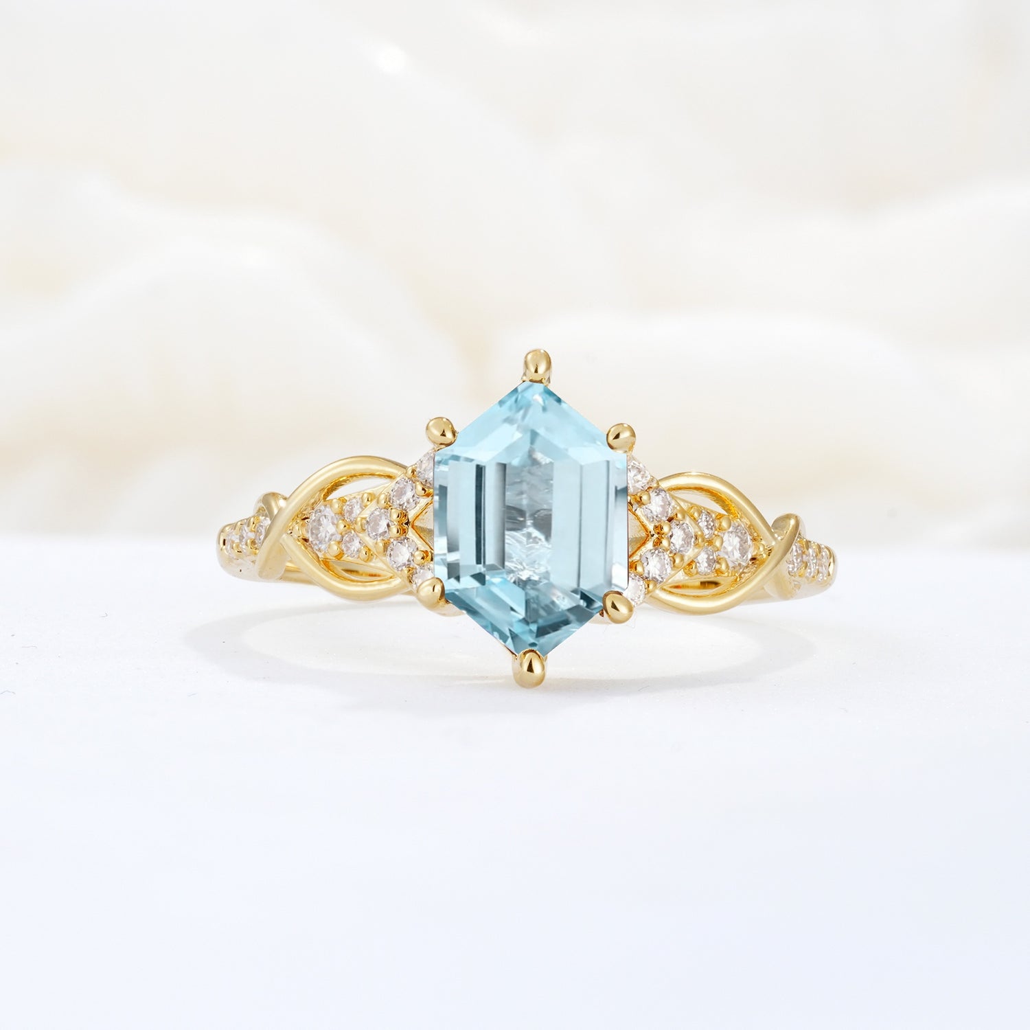 Exquisite Hexagonal Cut Twisted Band Aquamarine Engagement Ring - Additional view