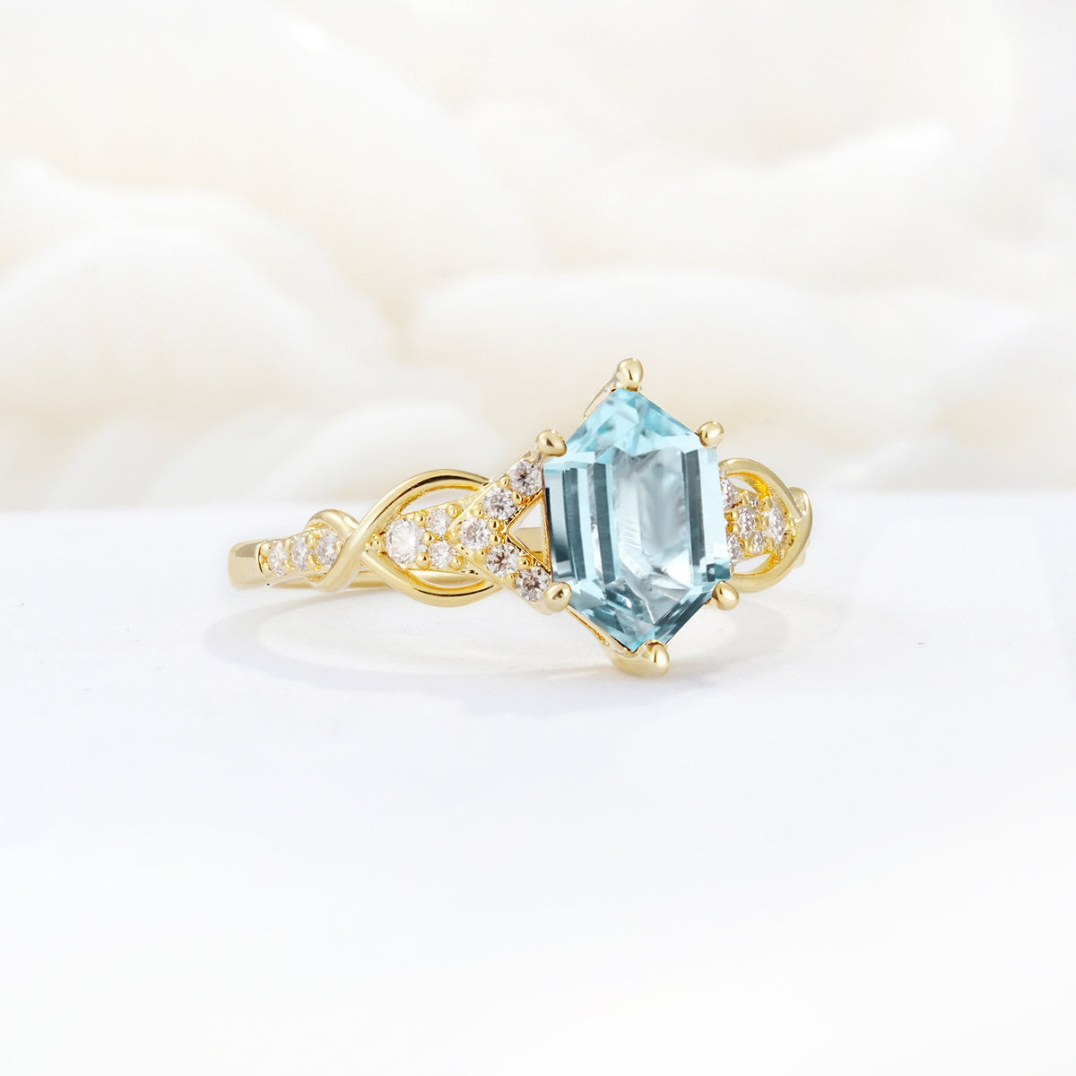 Exquisite Hexagonal Cut Twisted Band Aquamarine Engagement Ring - Additional view