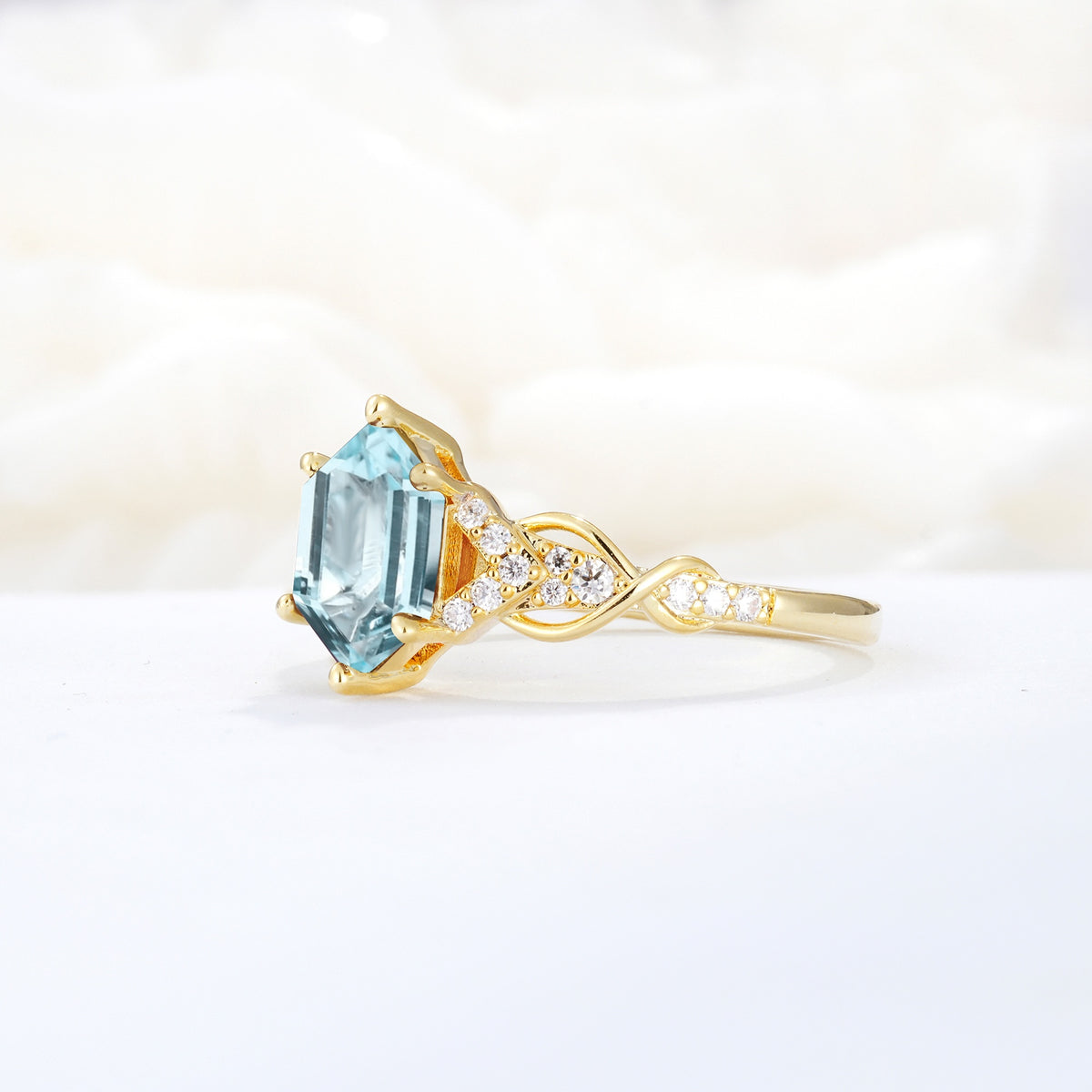 Exquisite Hexagonal Cut Twisted Band Aquamarine Engagement Ring - Additional view