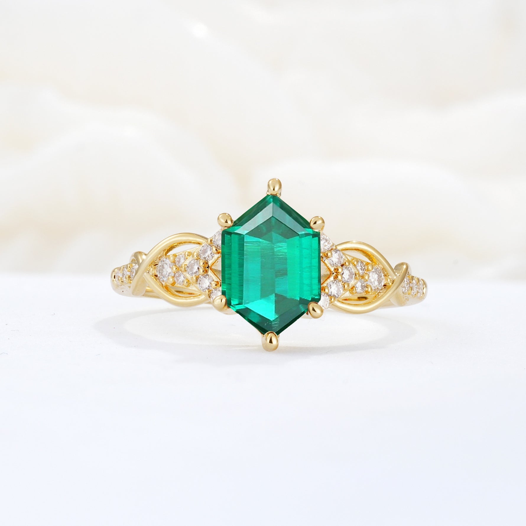 Exquisite Hexagonal Cut Twisted Band Emerald Engagement Ring - Additional view