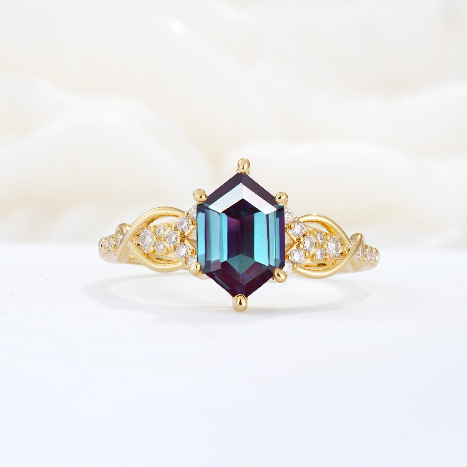 Exquisite Hexagonal Cut Twisted Band Alexandrite Engagement Ring - Additional view
