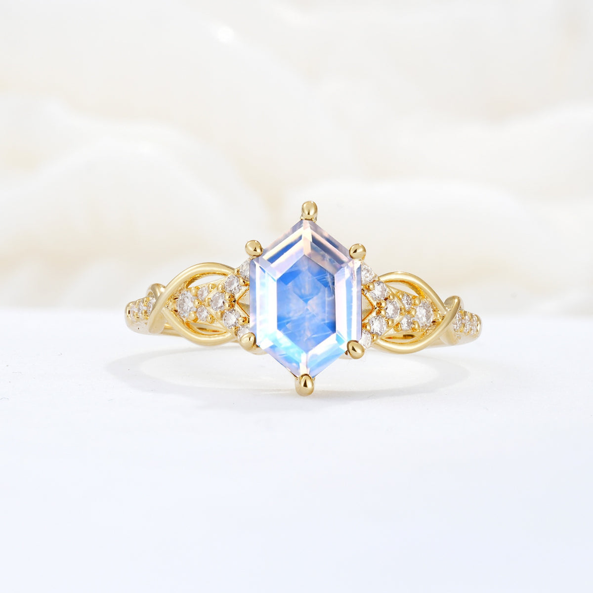 Exquisite Hexagonal Cut Twisted Band Moonstone Engagement Ring - Additional view