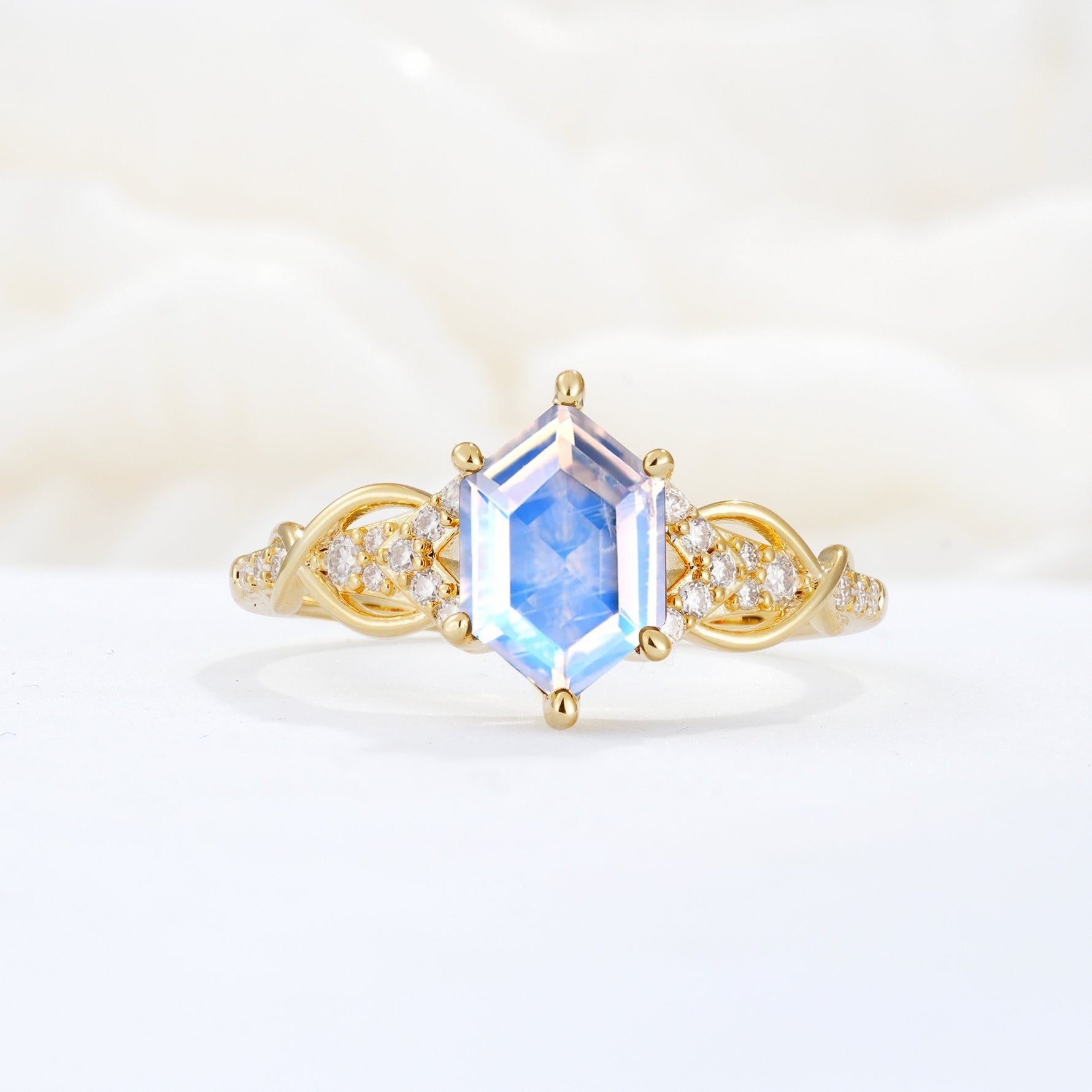 Exquisite Hexagonal Cut Twisted Band Moonstone Engagement Ring - Additional view