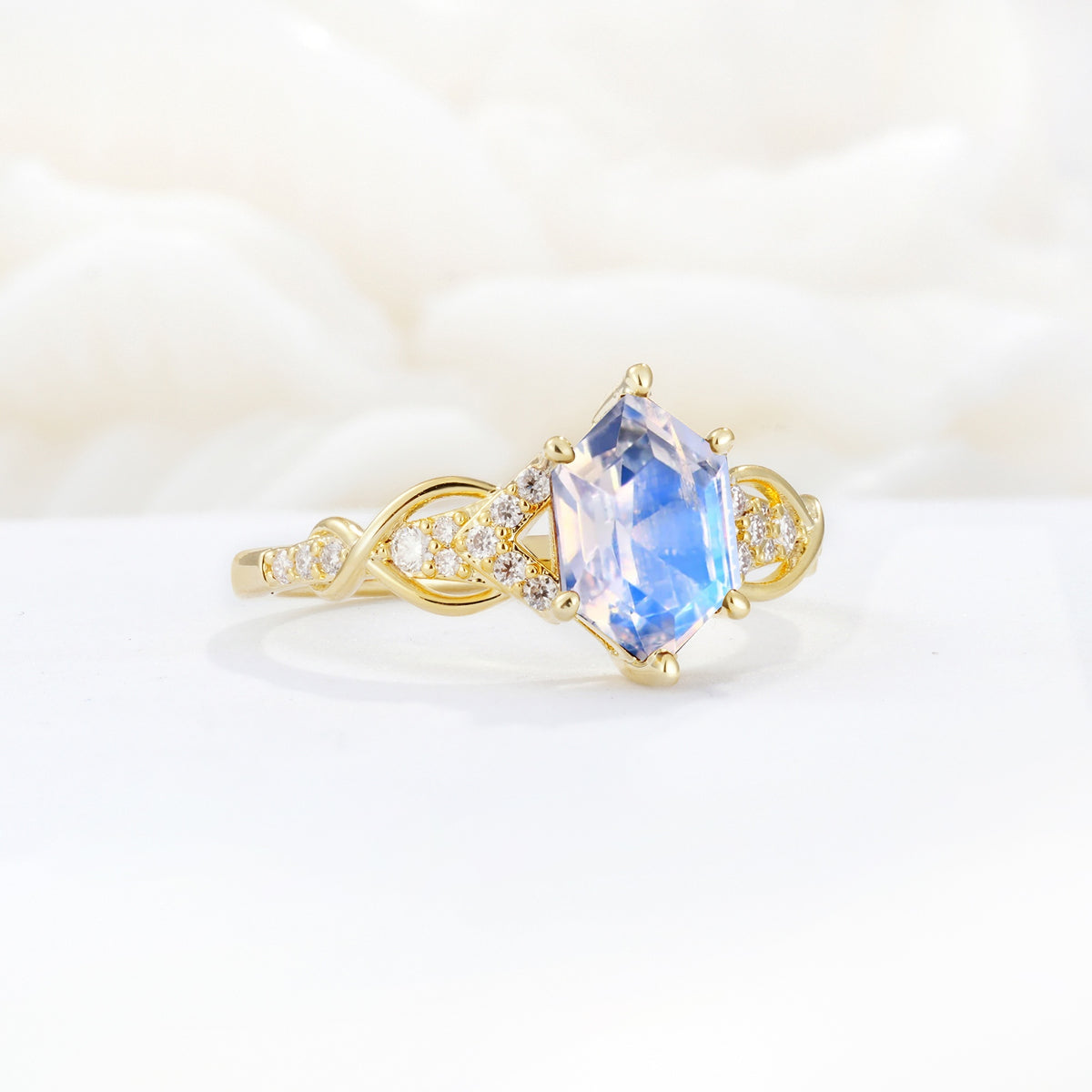 Exquisite Hexagonal Cut Twisted Band Moonstone Engagement Ring - Additional view