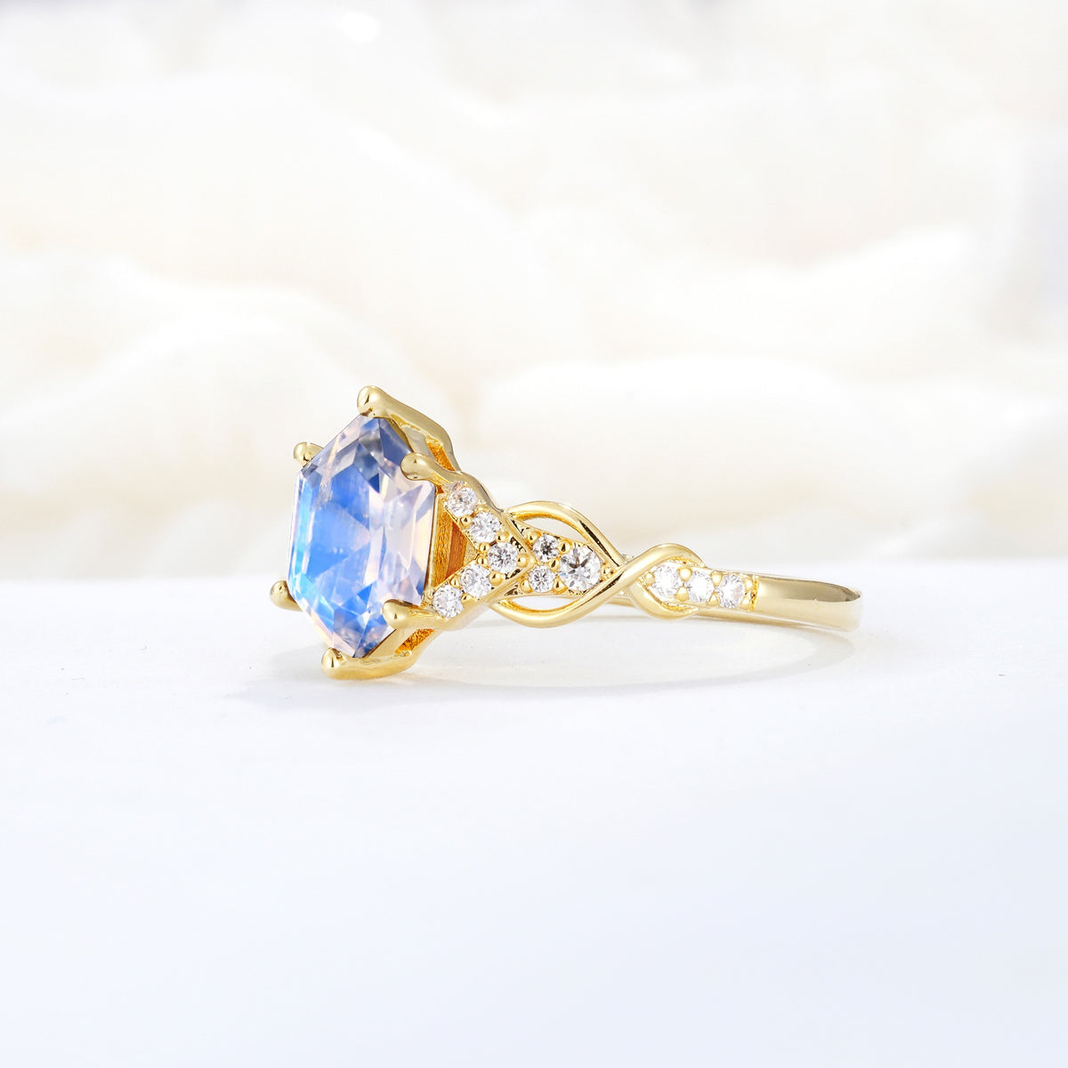Exquisite Hexagonal Cut Twisted Band Moonstone Engagement Ring - Additional view