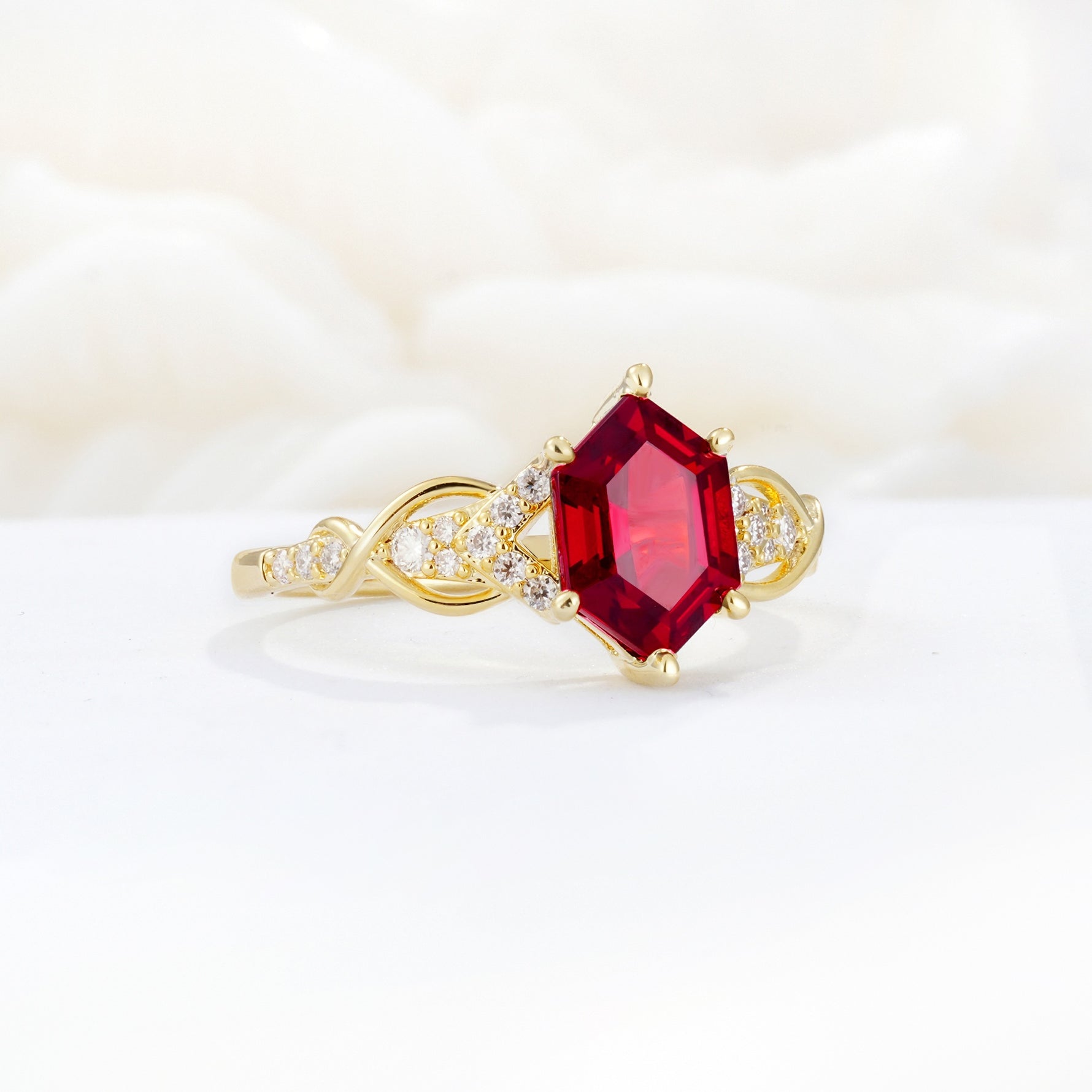 Exquisite Hexagonal Cut Twisted Band Ruby Engagement Ring - Additional view