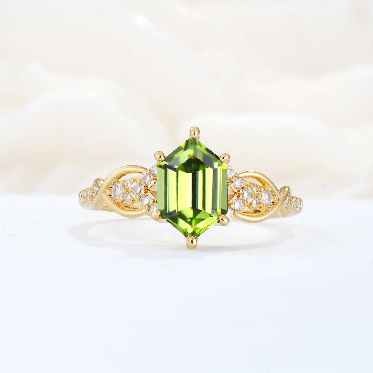 Exquisite Hexagonal Cut Twisted Band Peridot Engagement Ring - Additional view