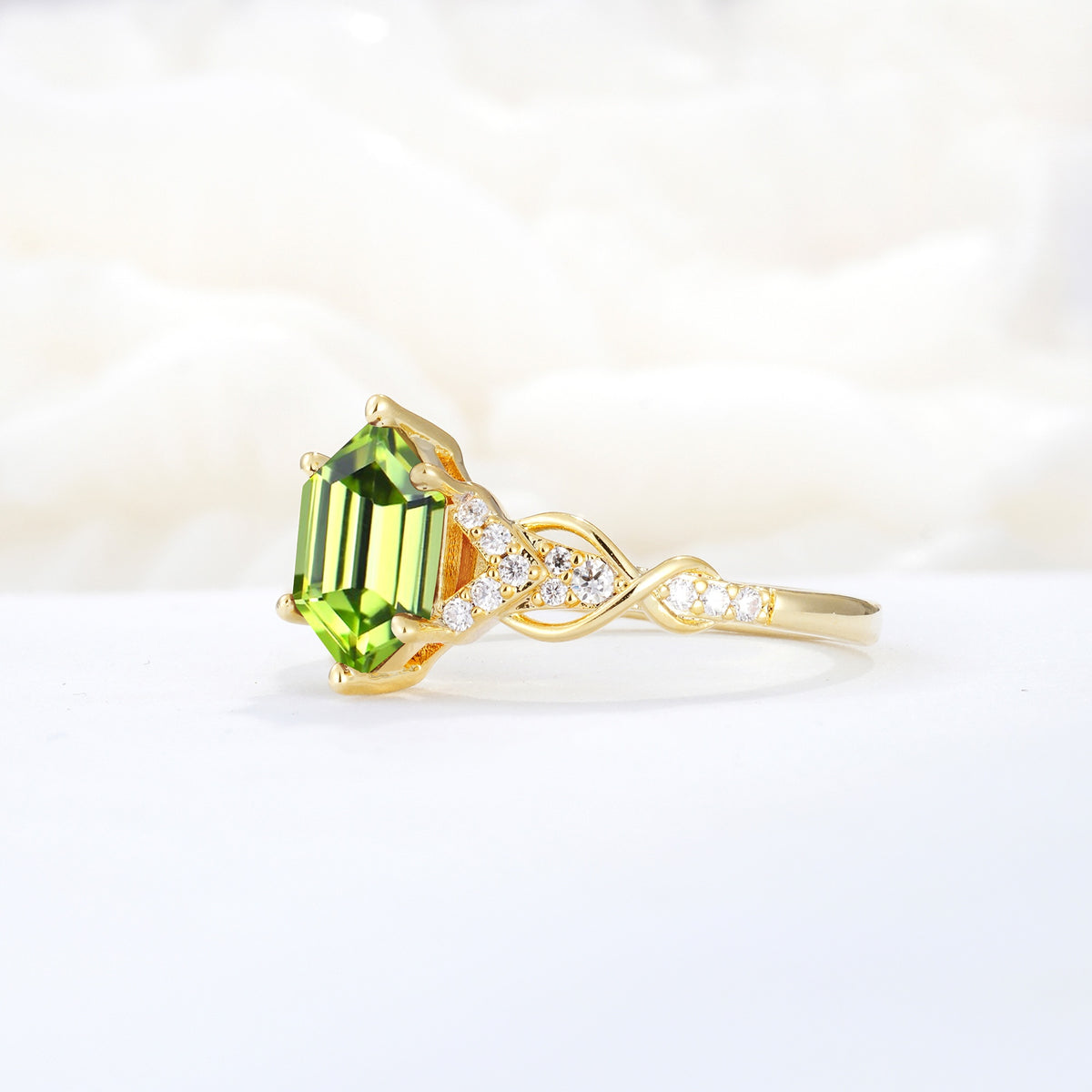 Exquisite Hexagonal Cut Twisted Band Peridot Engagement Ring - Additional view