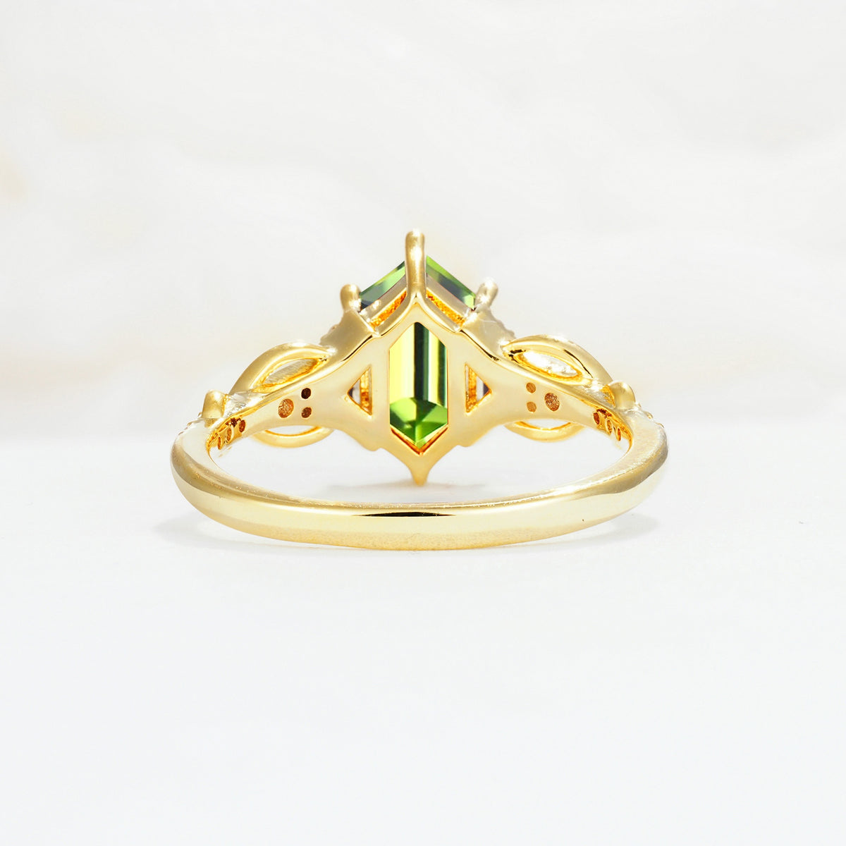 Exquisite Hexagonal Cut Twisted Band Peridot Engagement Ring - Additional view