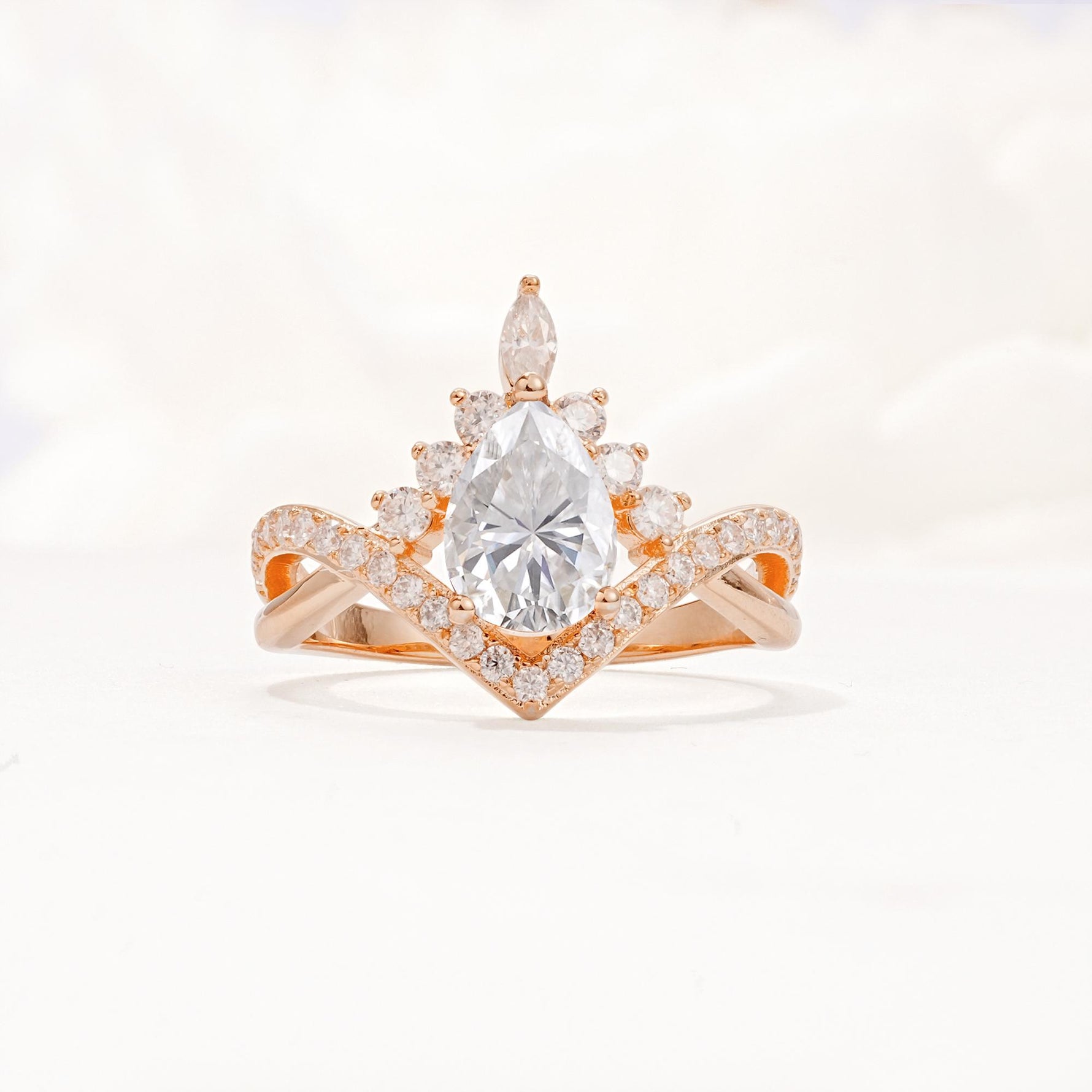 Pear Cut Moissanite Crown Engagement Ring with Chevron Band - Additional view