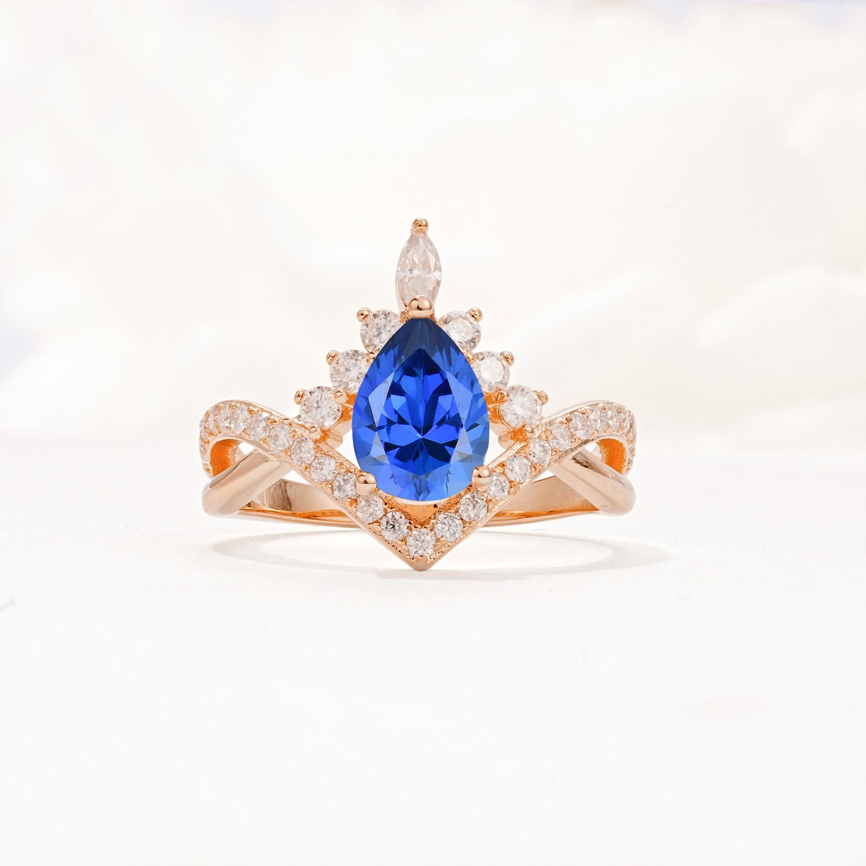 Pear Cut Sapphire Crown Engagement Ring with Chevron Band - Additional view