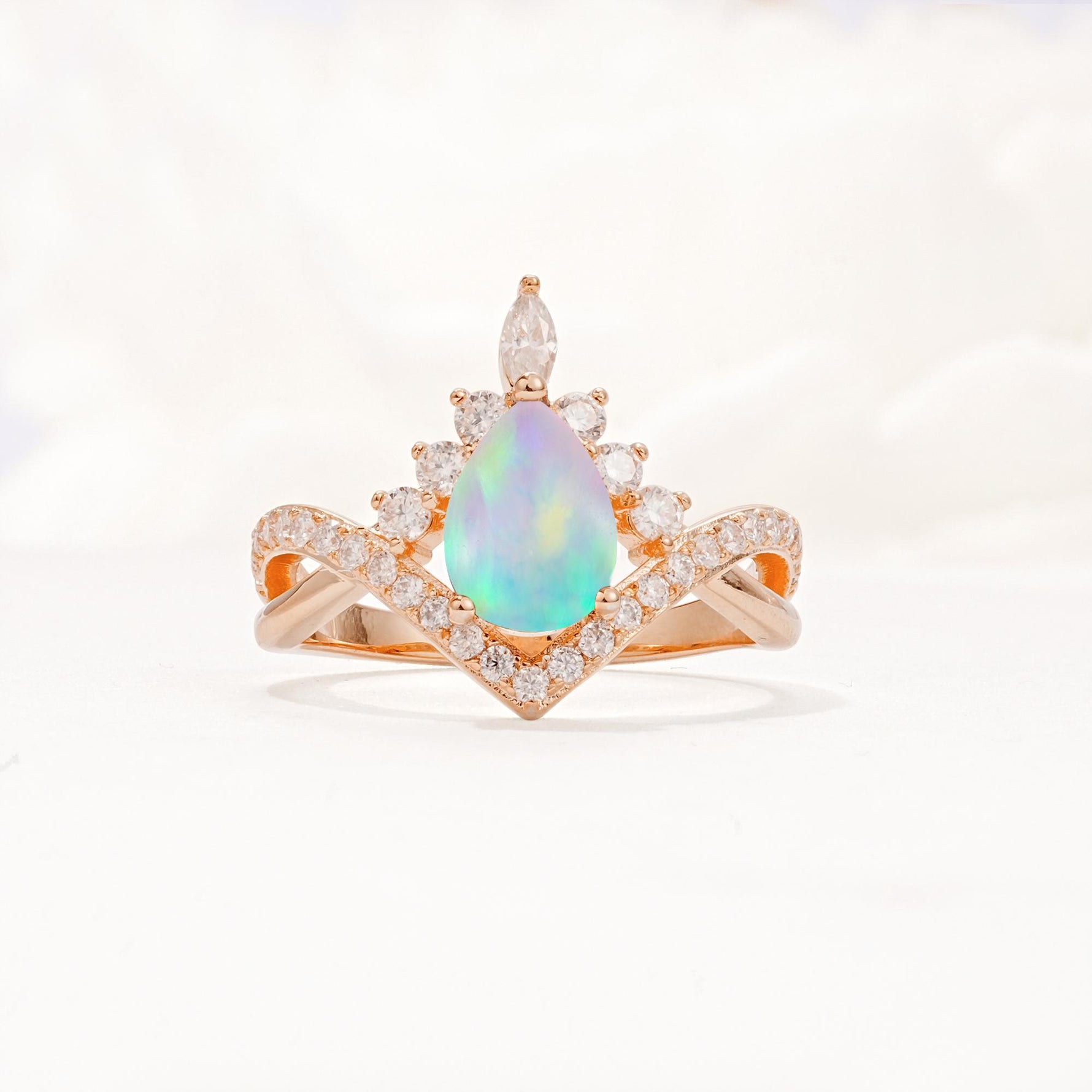 Pear Cut Fire Opal Crown Engagement Ring with Chevron Band - Additional view