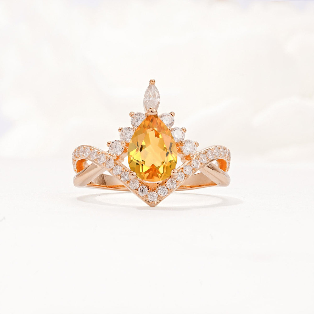 Pear Cut Citrine Crown Engagement Ring with Chevron Band - Additional view