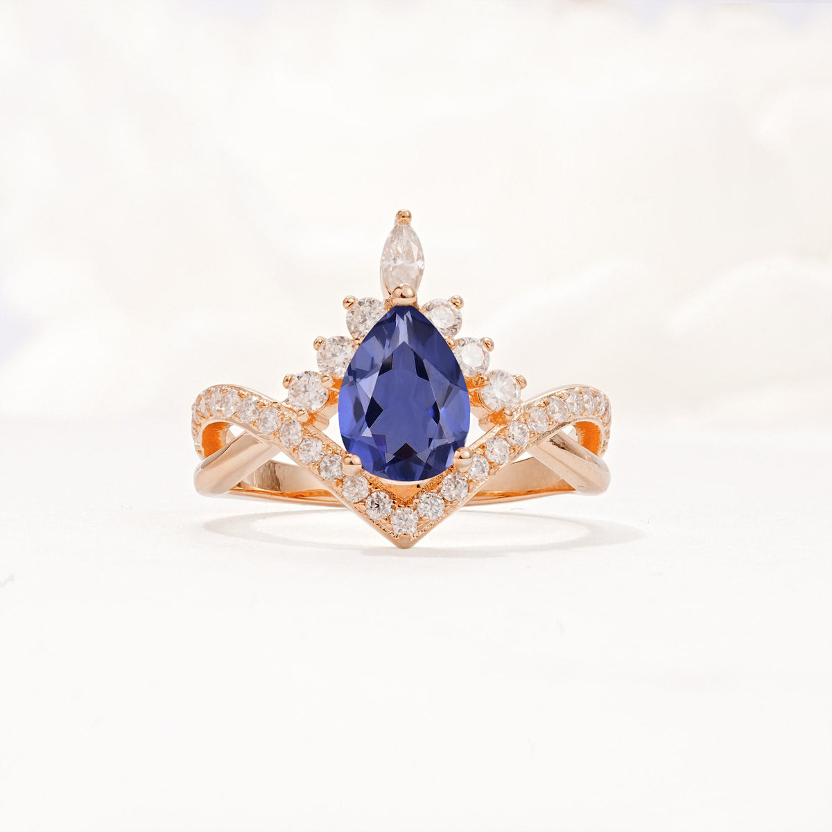 Pear Cut Tanzanite Crown Engagement Ring with Chevron Band - Additional view