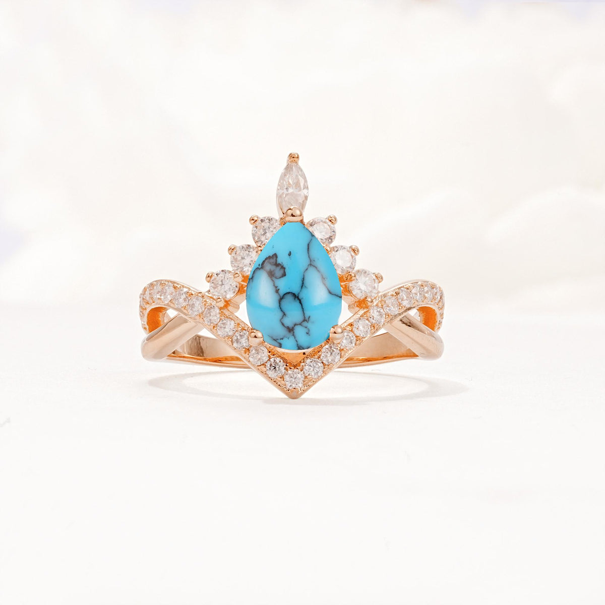 Pear Cut Turquoise Crown Engagement Ring with Chevron Band - Additional view