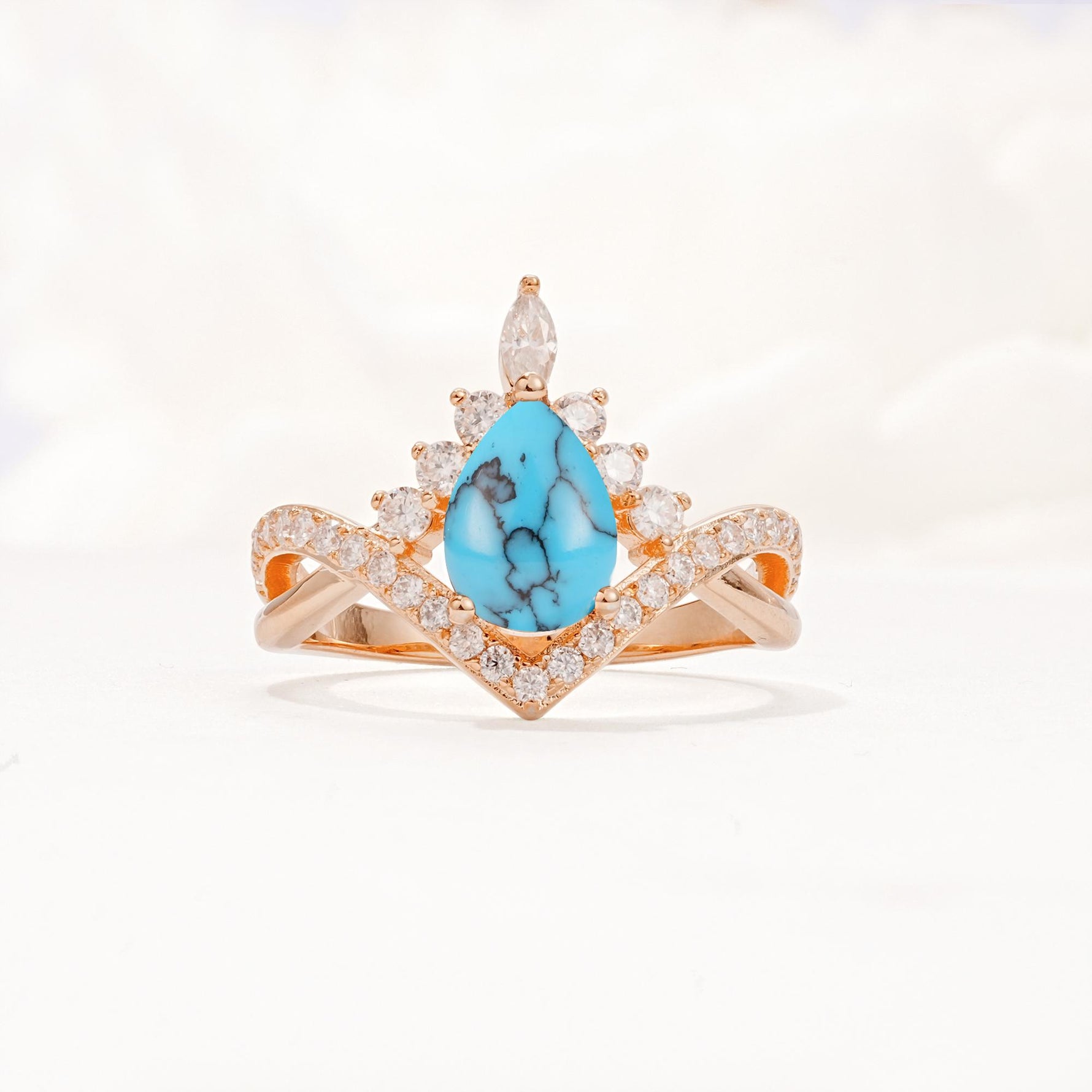 Pear Cut Turquoise Crown Engagement Ring with Chevron Band - Additional view