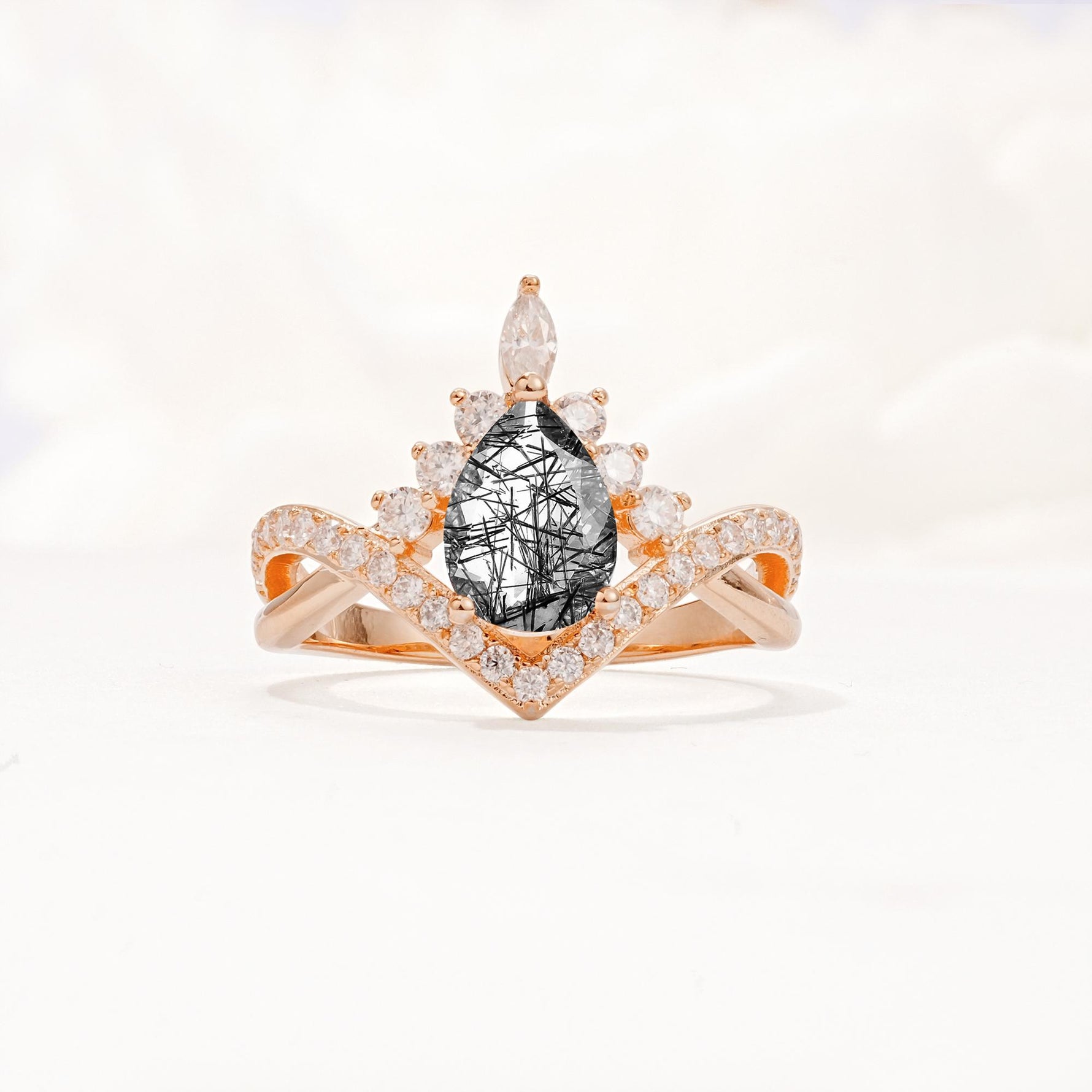 Pear Cut Black Rutilated Quartz Crown Engagement Ring with Chevron Band - Additional view