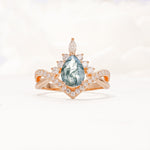 Pear Cut Moss Agate Crown Engagement Ring with Chevron Band - Additional view
