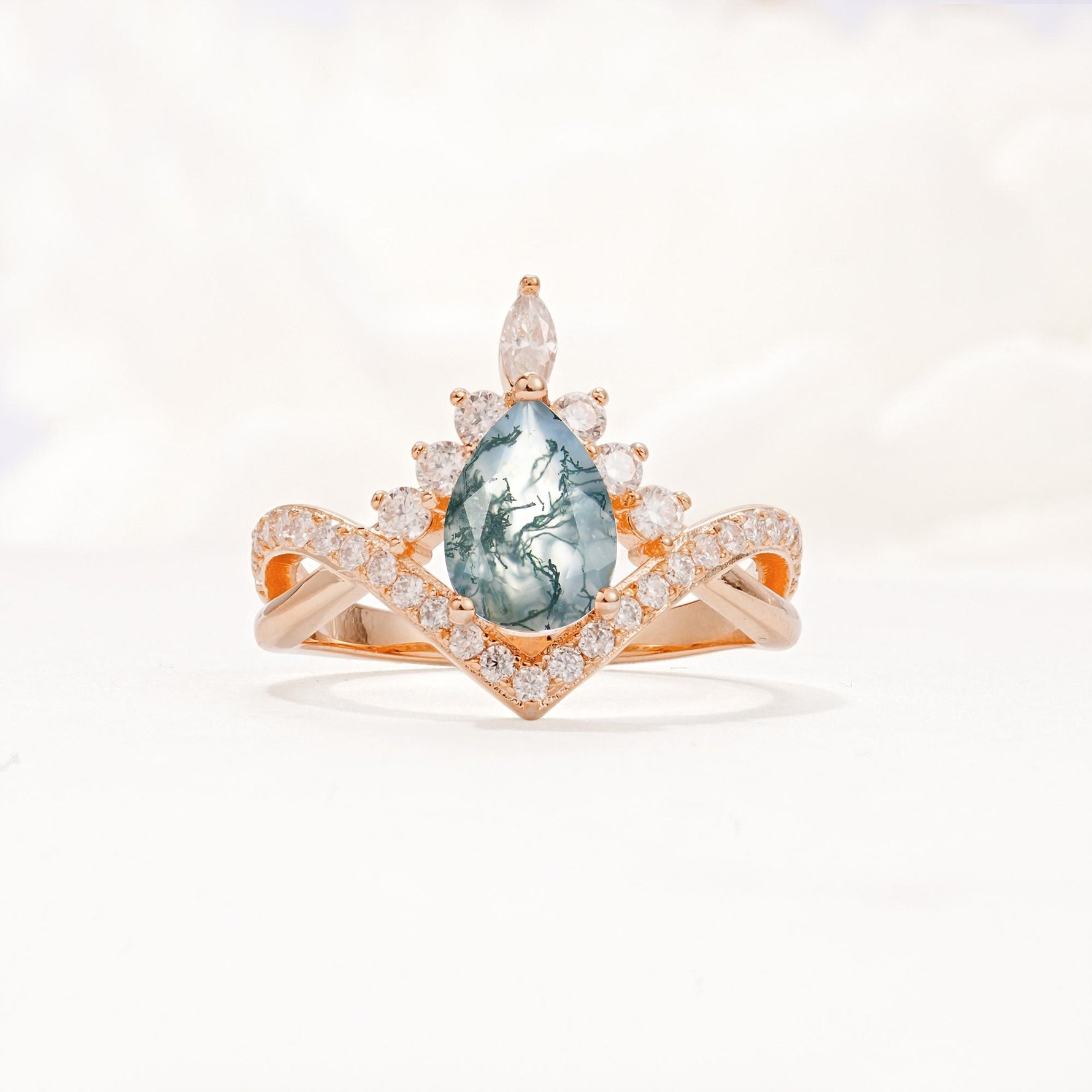 Pear Cut Moss Agate Crown Engagement Ring with Chevron Band - Additional view