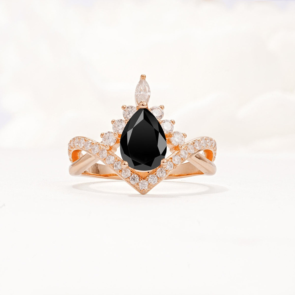 Pear Cut Black Onyx Crown Engagement Ring with Chevron Band - Additional view