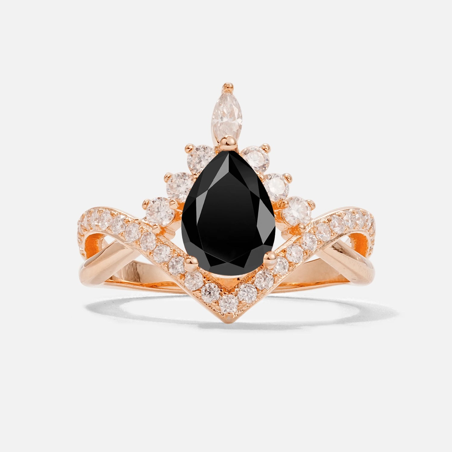 Pear Cut Black Onyx Crown Engagement Ring with Chevron Band