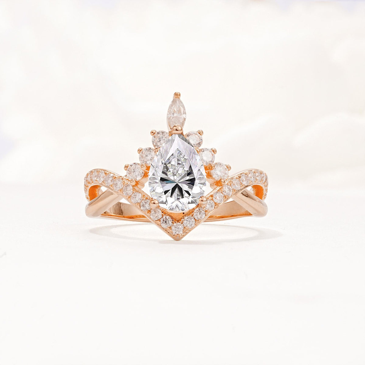 Pear Cut Lab Diamond Crown Engagement Ring with Chevron Band - Additional view