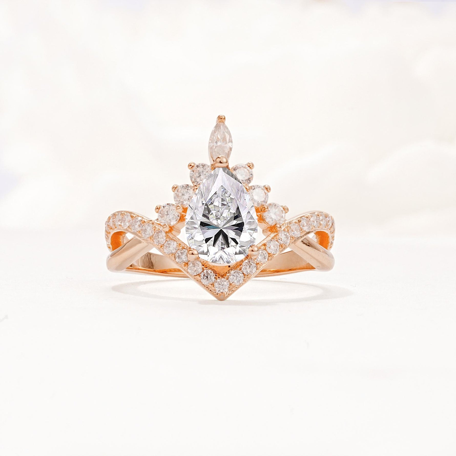 Pear Cut Lab Diamond Crown Engagement Ring with Chevron Band - Additional view