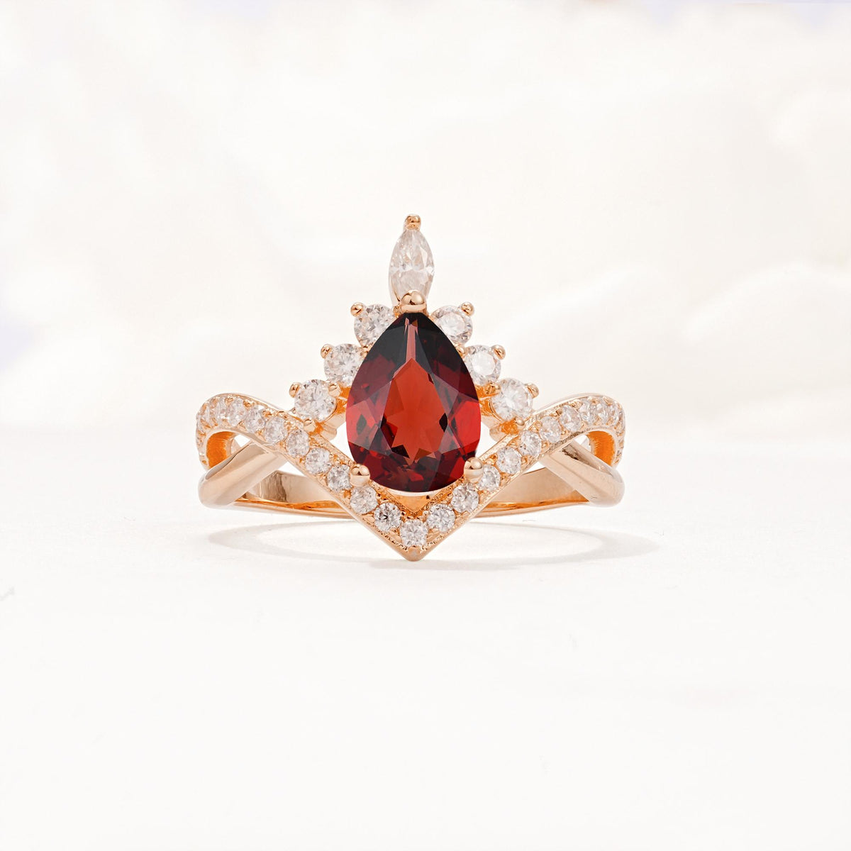Pear Cut Garnet Crown Engagement Ring with Chevron Band - Additional view
