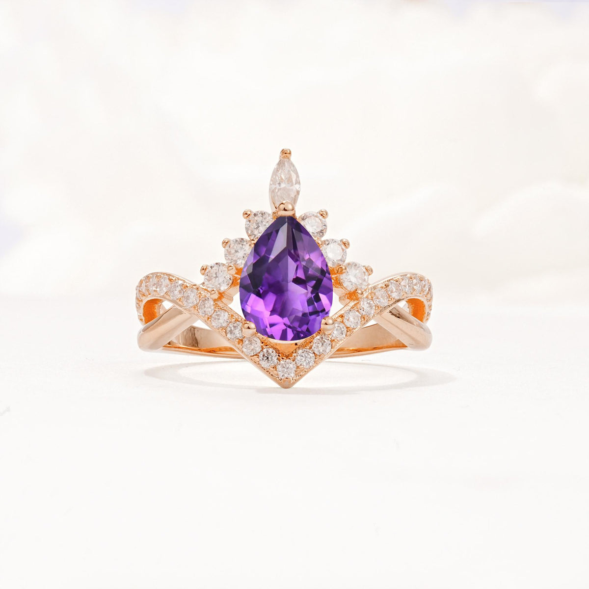 Pear Cut Amethyst Crown Engagement Ring with Chevron Band - Additional view